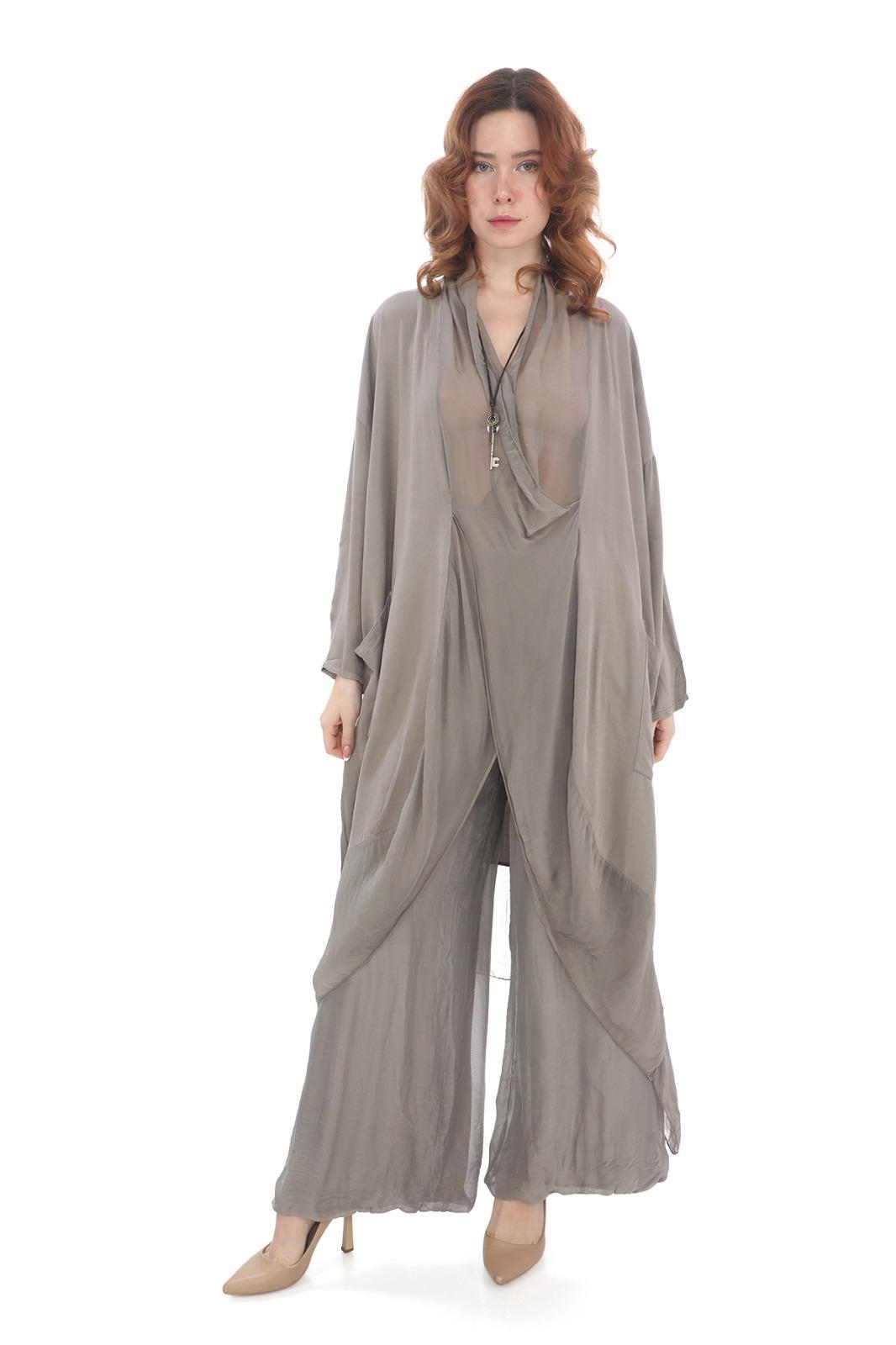 Italyan Ipek Detaylı Oversize Kap Bluz- Wes Pantolon Takım