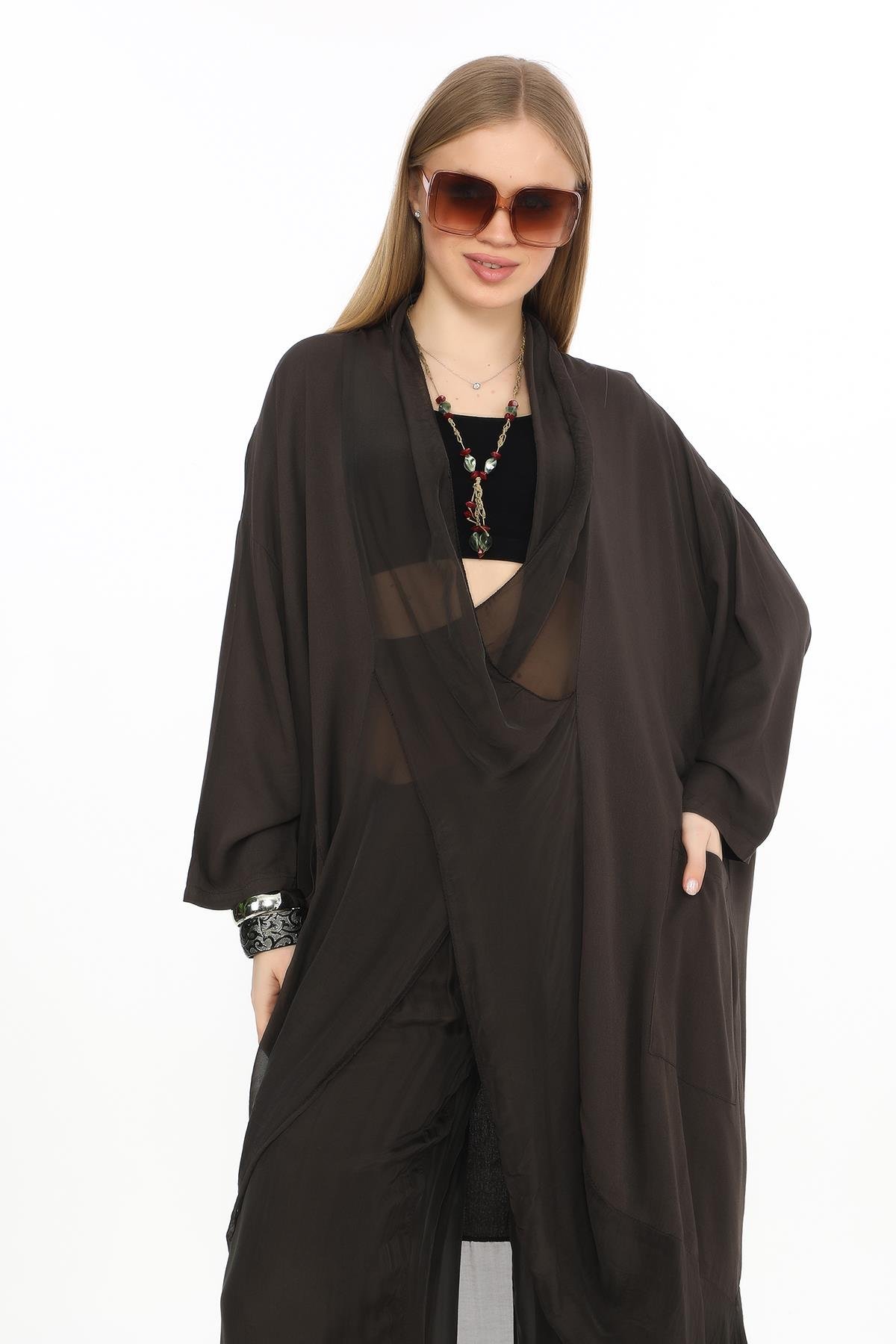 Italyan Ipek Detaylı Oversize Kap Bluz- Wes Pantolon Takım