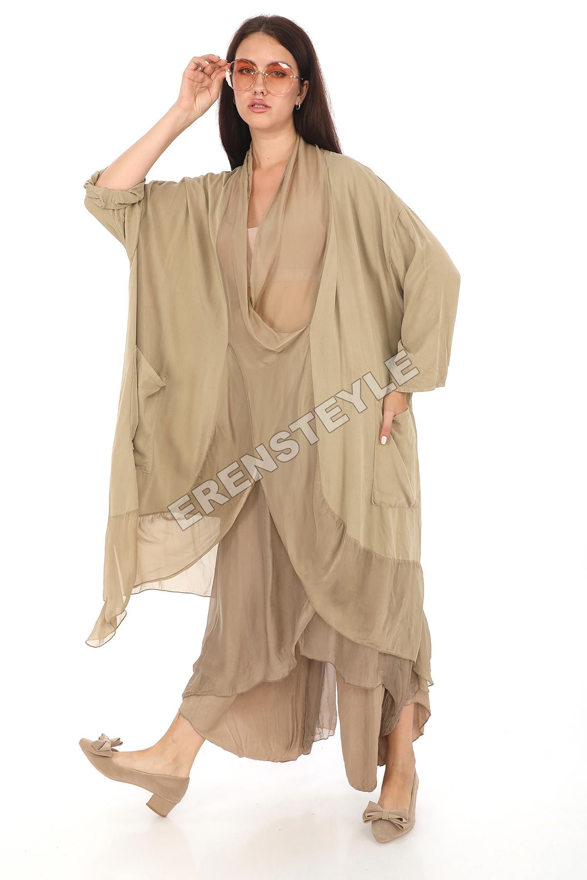 Italyan Ipek Detaylı Oversize Kap Bluz- Asimetrik Pantolon Takım