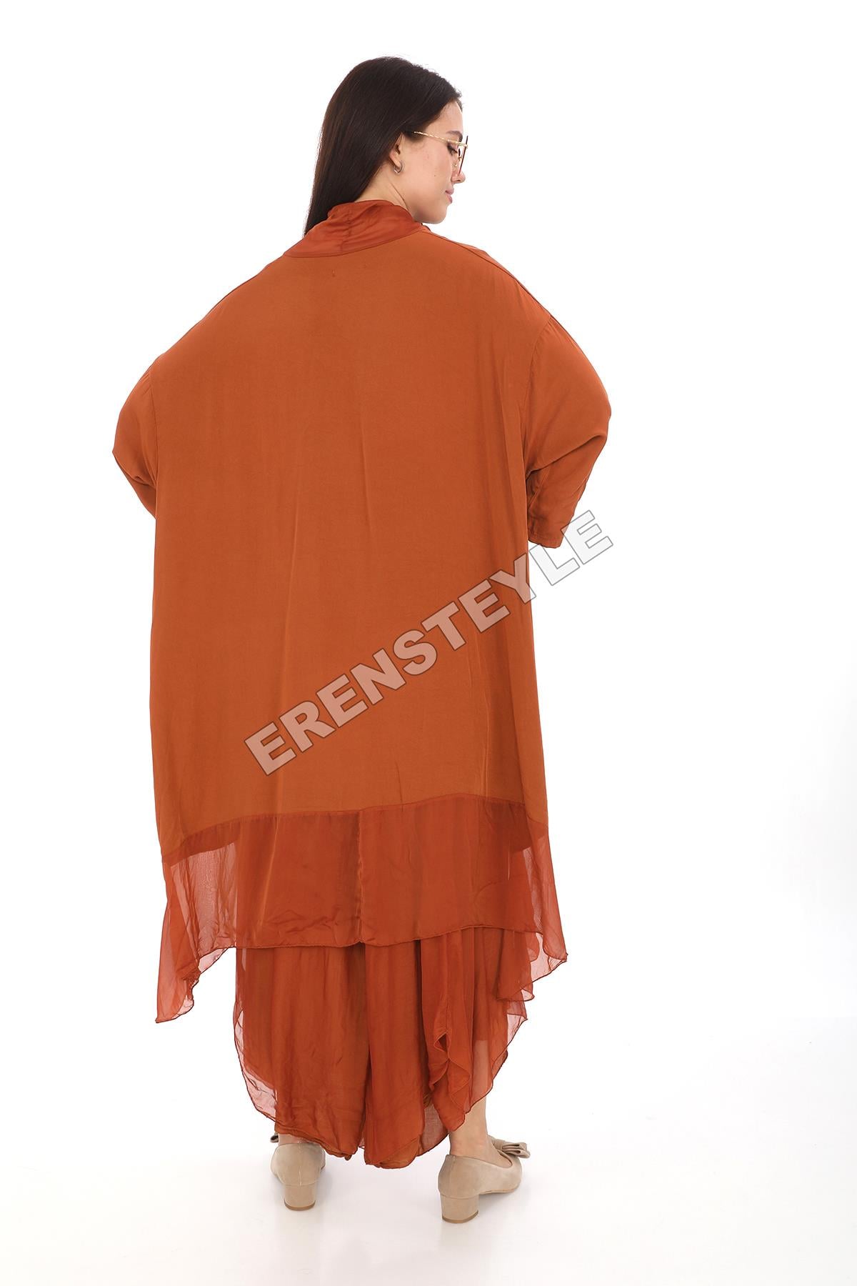 Italyan Ipek Detaylı Oversize Kap Bluz- Asimetrik Pantolon Takım