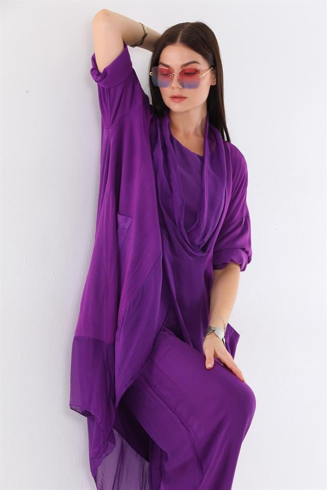 Italyan Ipek Detaylı Oversize Kap Bluz- Wes Pantolon Takım