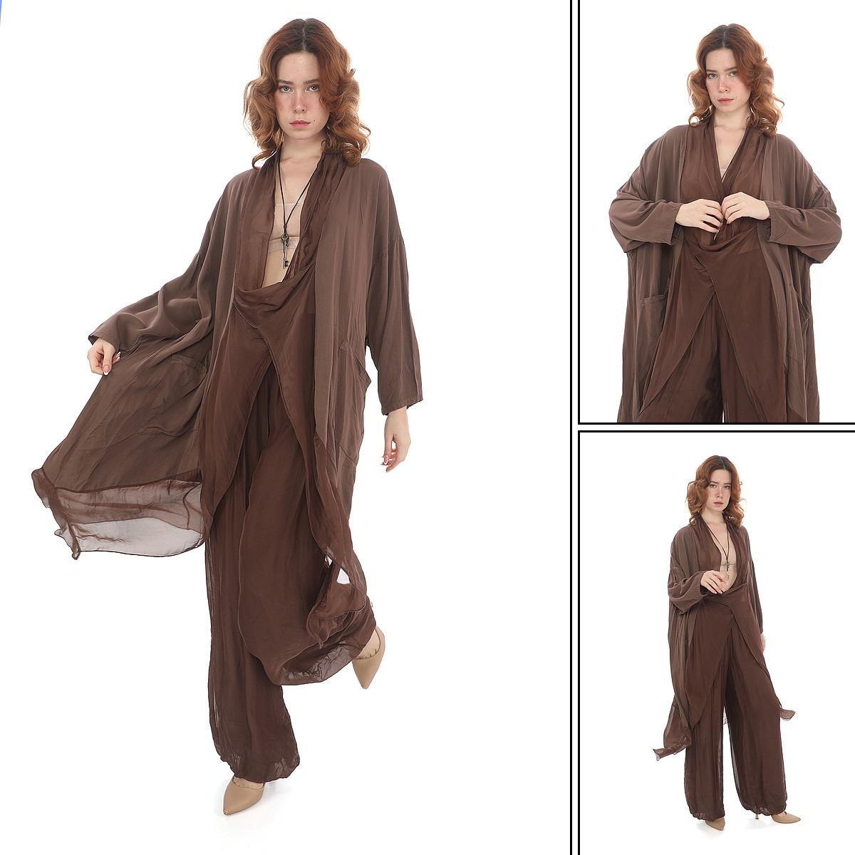 Italyan Ipek Detaylı Oversize Kap Bluz- Wes Pantolon Takım