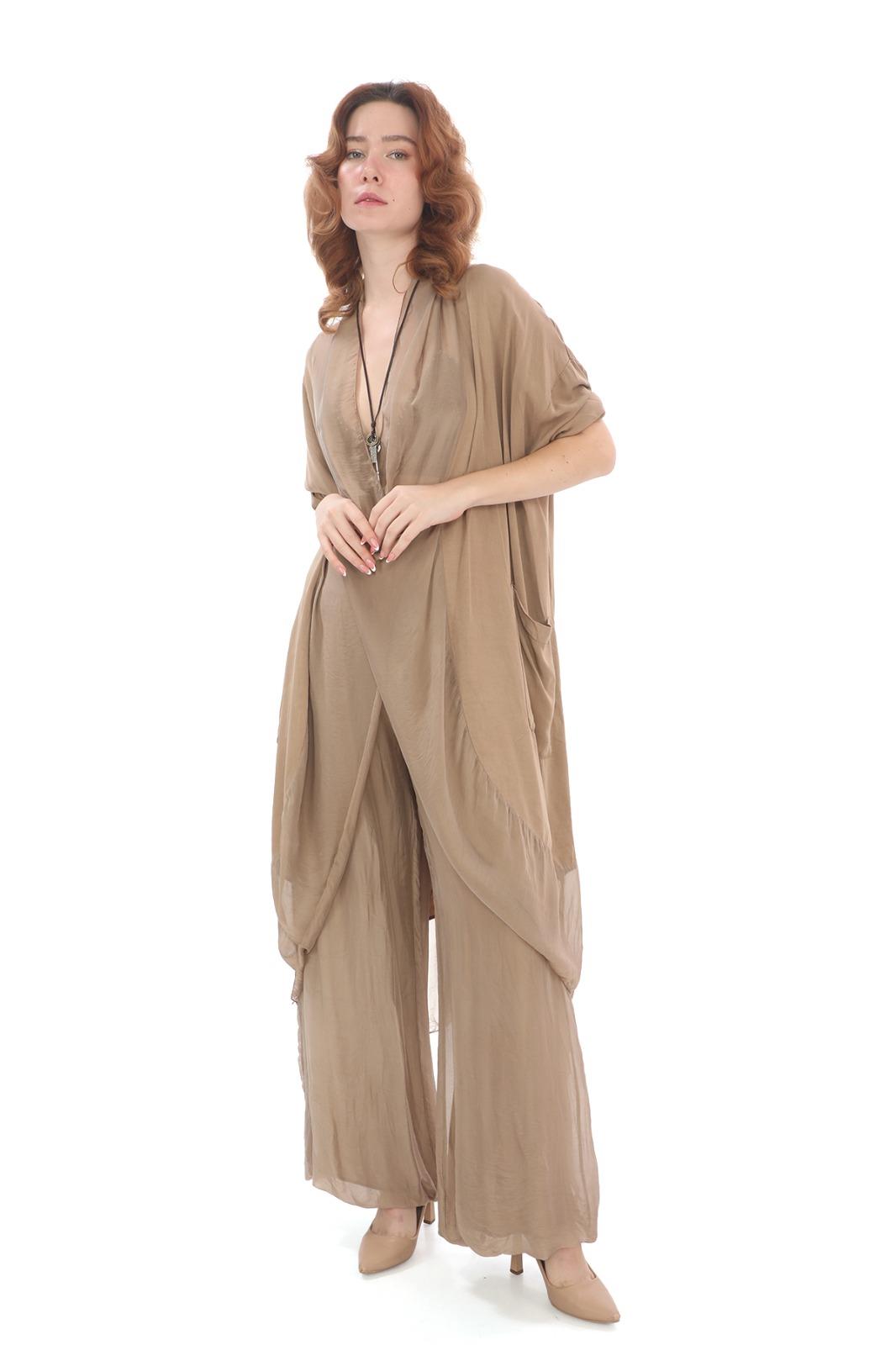 Italyan Ipek Detaylı Oversize Kap Bluz- Wes Pantolon Takım