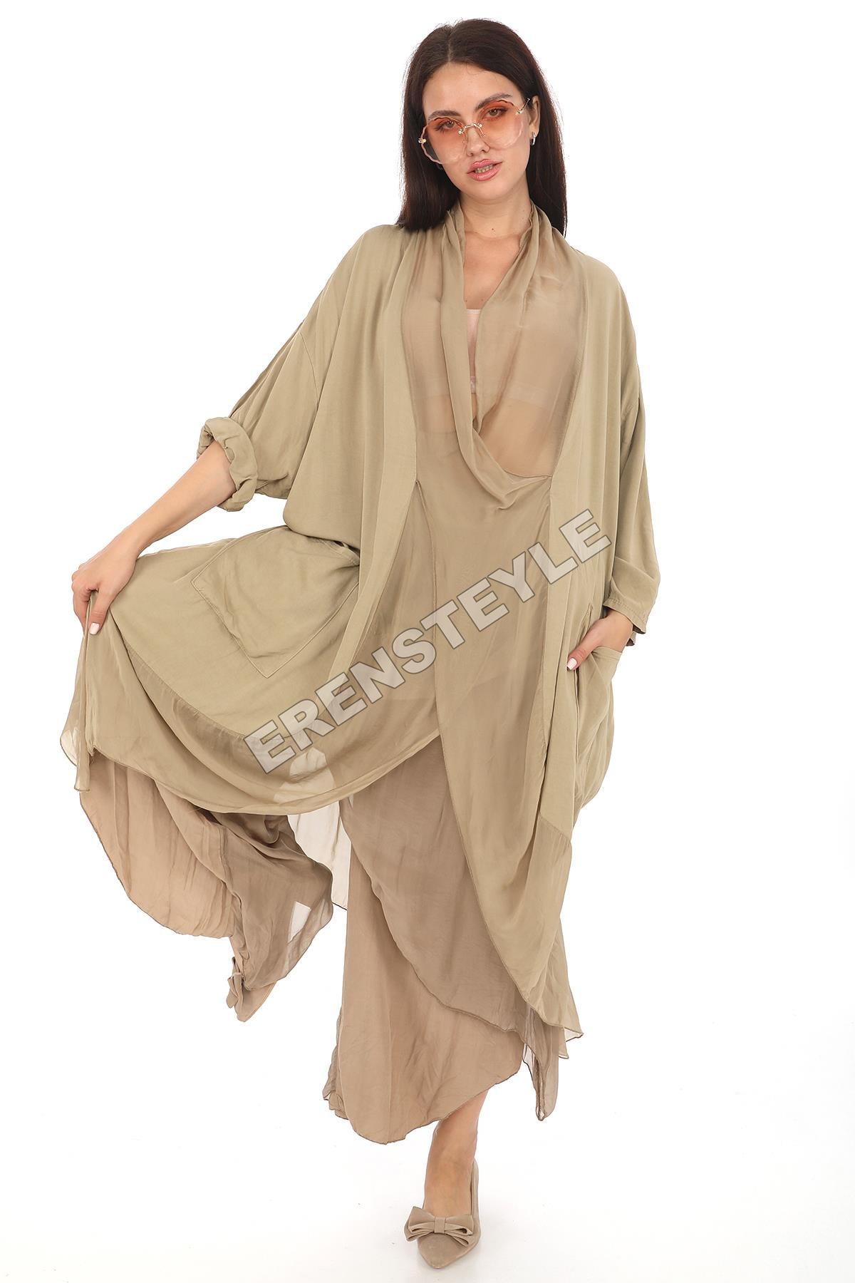 Italyan Ipek Detaylı Oversize Kap Bluz- Asimetrik Pantolon Takım