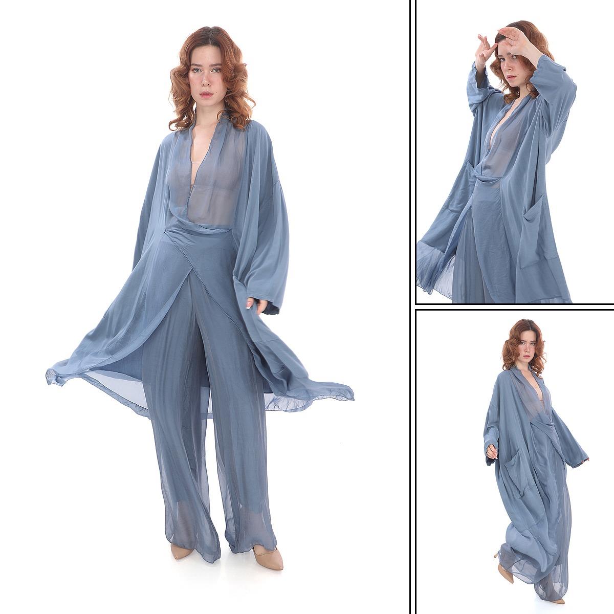 Italyan Ipek Detaylı Oversize Kap Bluz- Wes Pantolon Takım