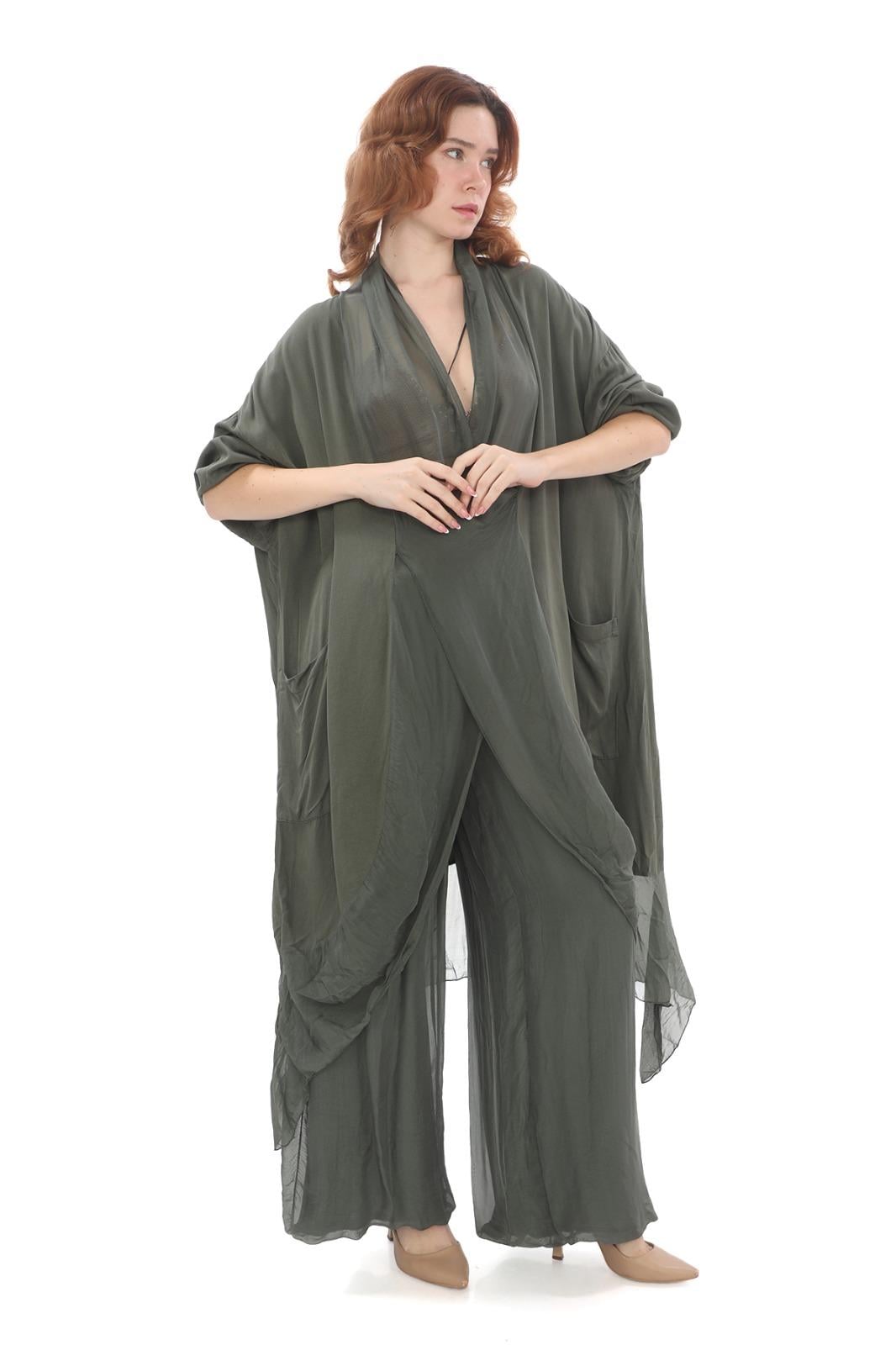 Italyan Ipek Detaylı Oversize Kap Bluz- Wes Pantolon Takım