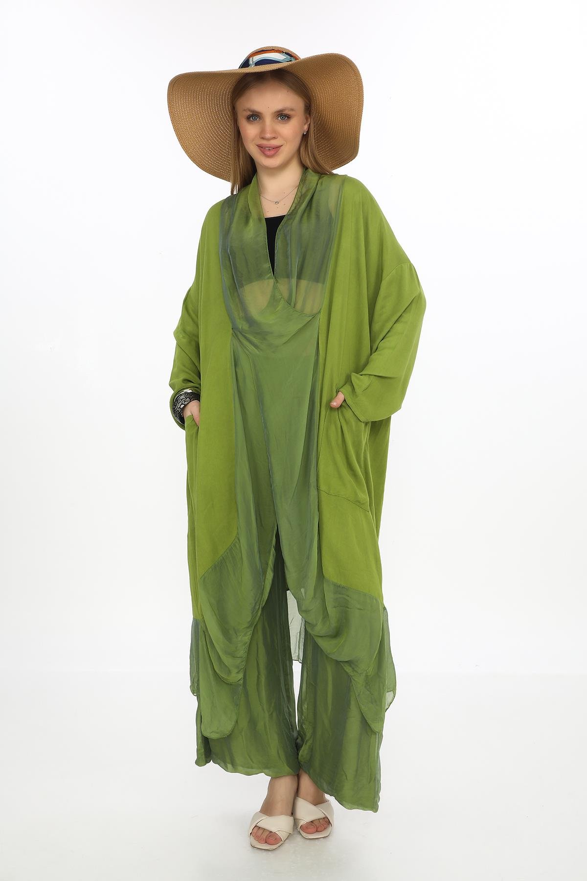Italyan Ipek Detaylı Oversize Kap Bluz- Wes Pantolon Takım