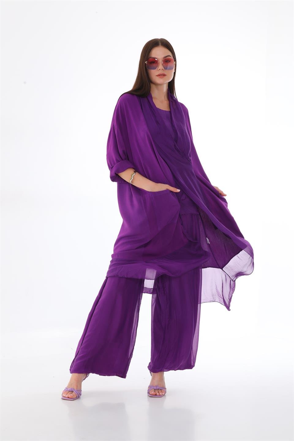 Italyan Ipek Detaylı Oversize Kap Bluz- Wes Pantolon Takım