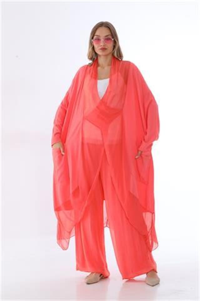 Italyan Ipek Detaylı Oversize Kap Bluz- Wes Pantolon Takım