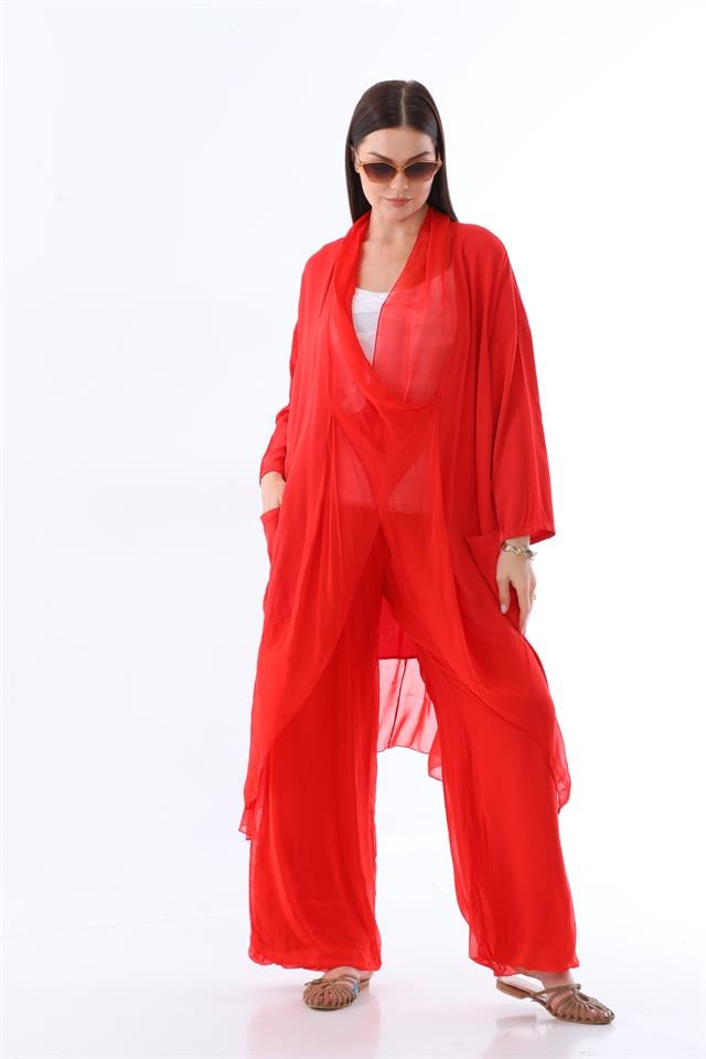 Italyan Ipek Detaylı Oversize Kap Bluz- Wes Pantolon Takım