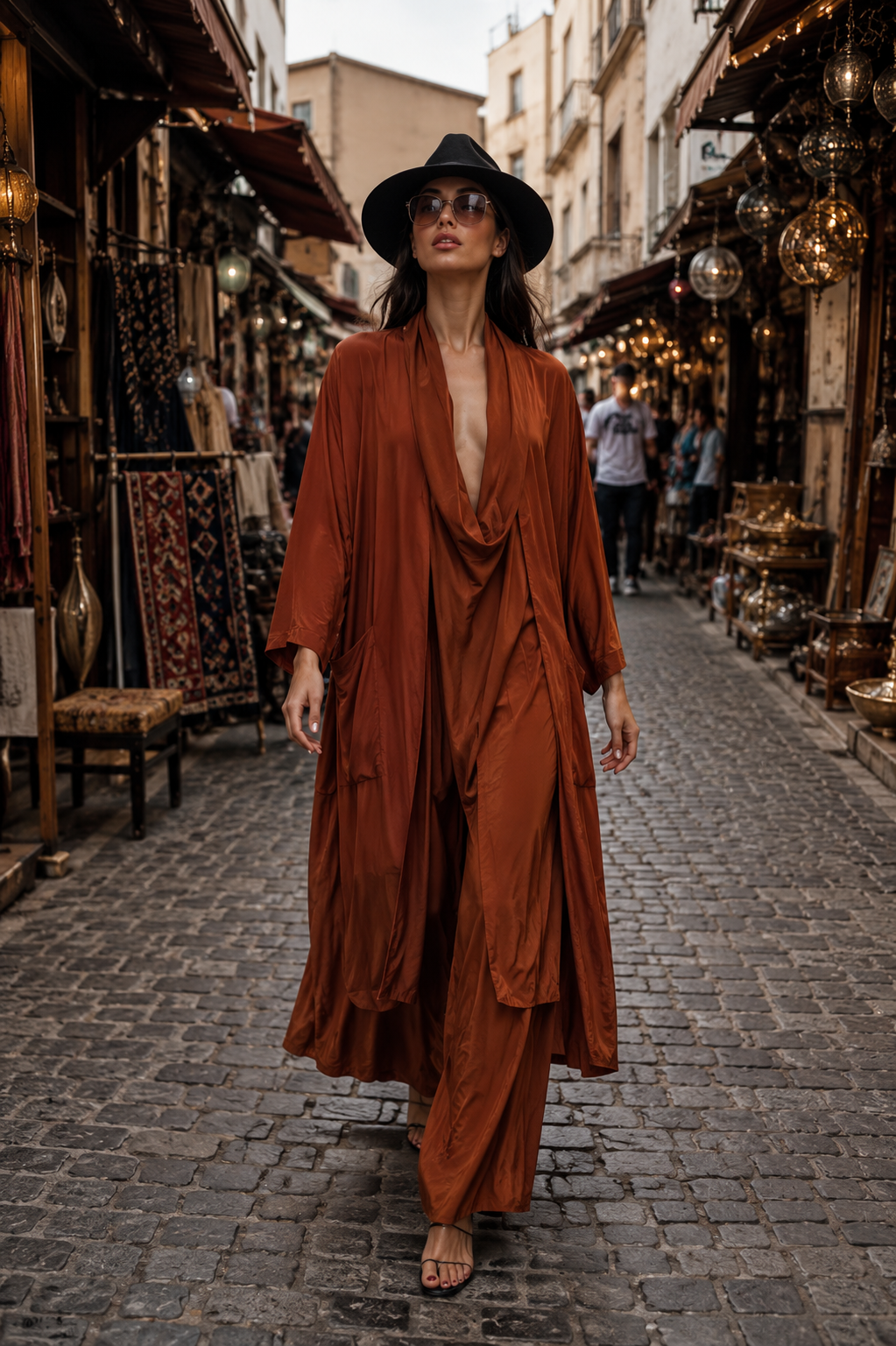 Italyan Ipek Detaylı Oversize Kap Bluz- Wes Pantolon Takım