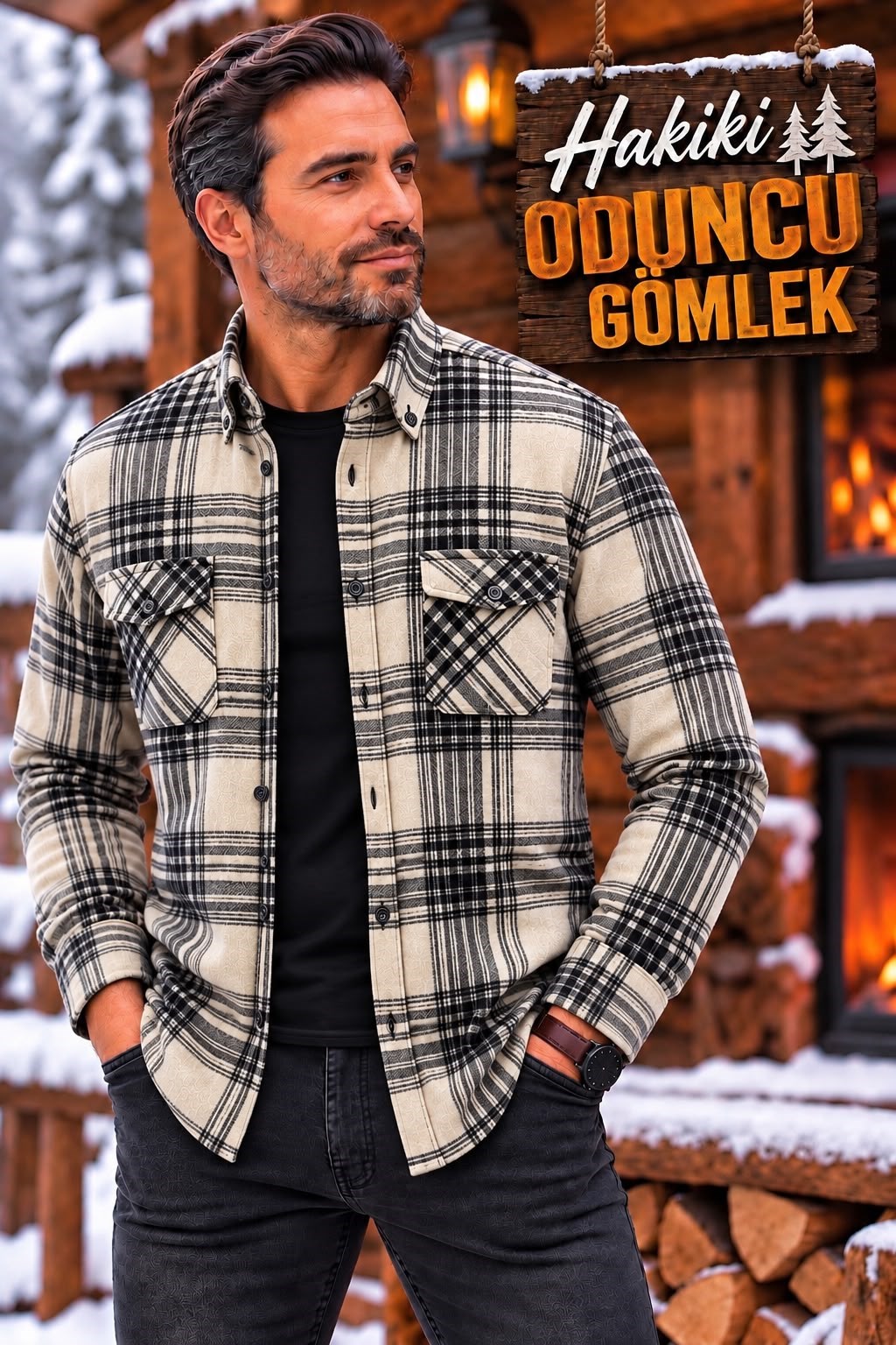 Kışlık Pamuklu Kapaklı Cepli Düğmeli Yaka Hakiki Oduncu Gömlek (Regular Kalıp)