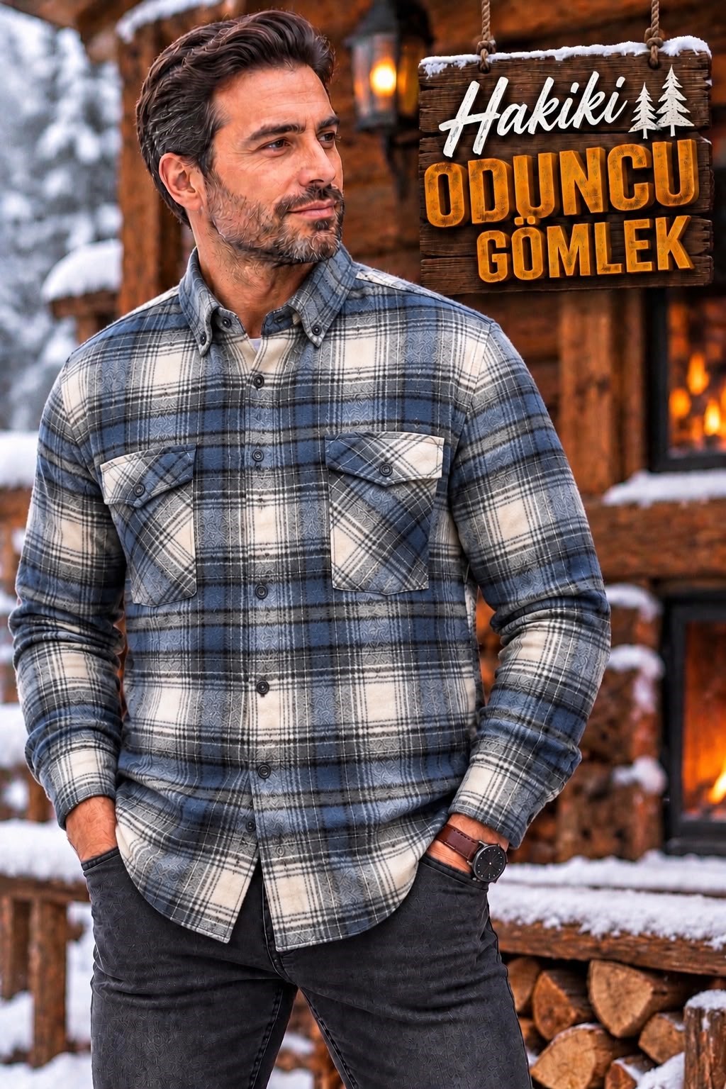 Kışlık Pamuklu Kapaklı Cepli Düğmeli Yaka Hakiki Oduncu Gömlek (Regular Kalıp)