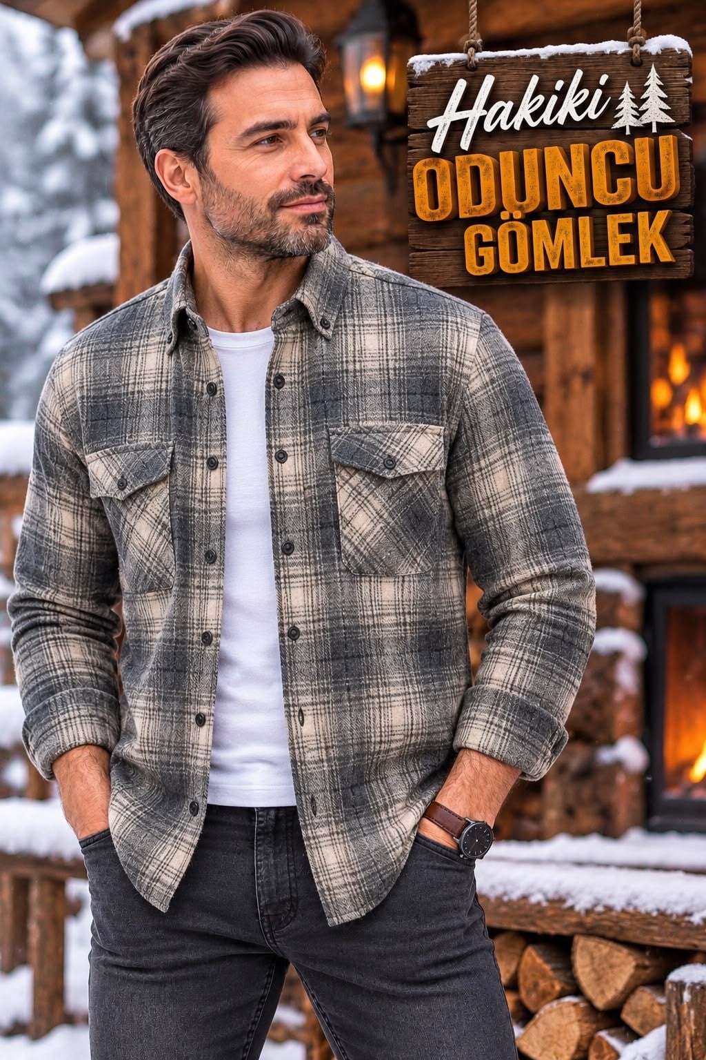 Kışlık Pamuklu Kapaklı Cepli Düğmeli Yaka Hakiki Oduncu Gömlek (Regular Kalıp)