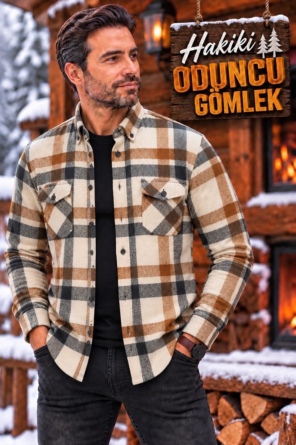 Kışlık Pamuklu Kapaklı Cepli Düğmeli Yaka Hakiki Oduncu Gömlek (Regular Kalıp)
