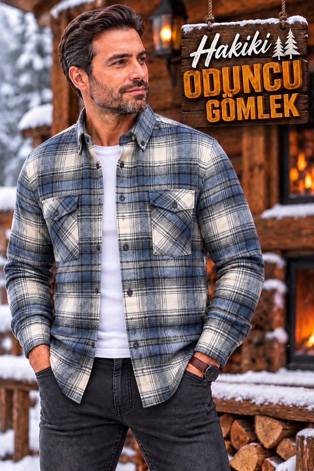 Kışlık Pamuklu Kapaklı Cepli Düğmeli Yaka Hakiki Oduncu Gömlek (Regular Kalıp)