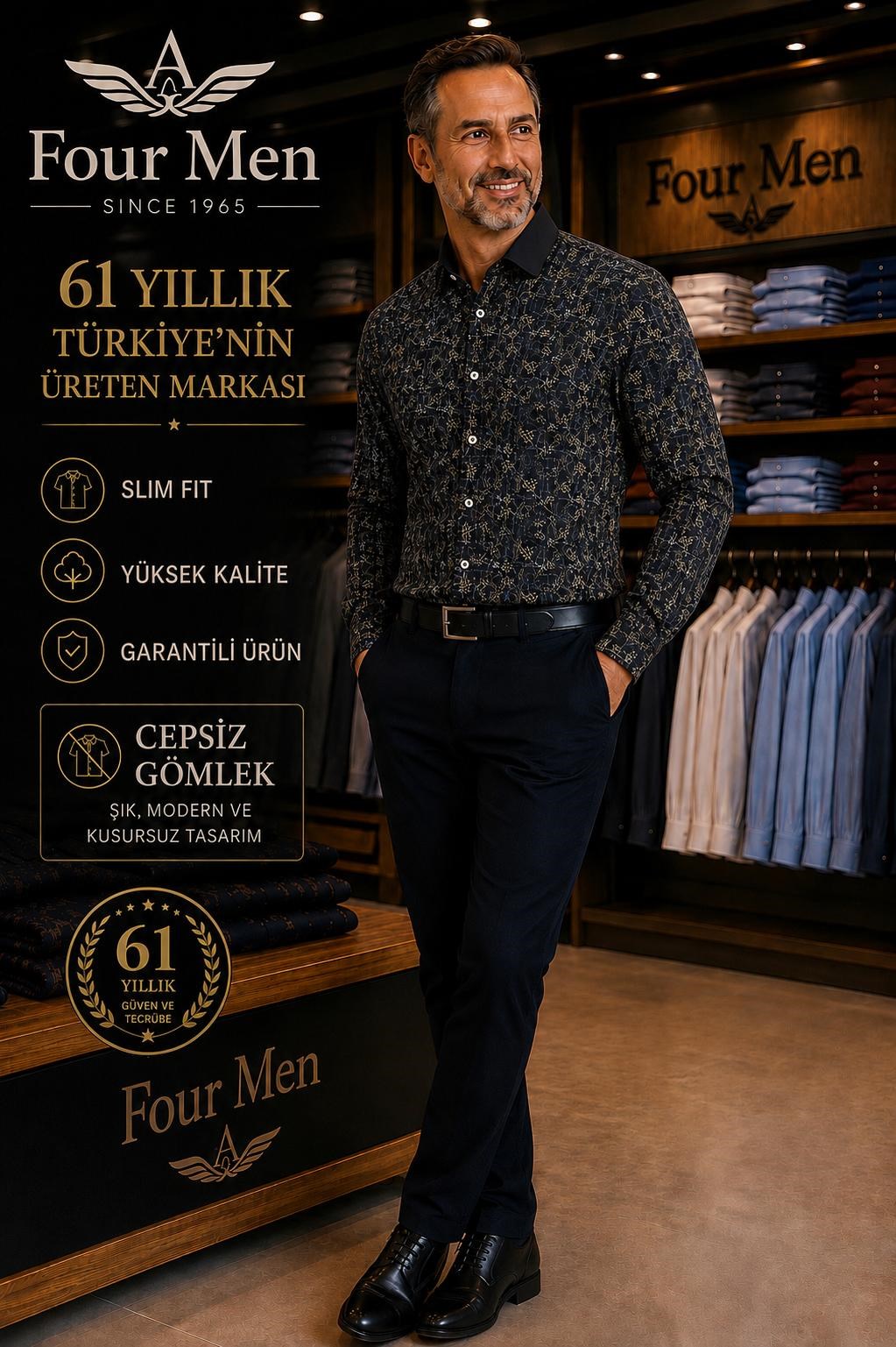 Orjinal Baskılı Pamuklu Poplin Slim Fit Kalıp Uzun Kollu Cepsiz Erkek Gömlek 
