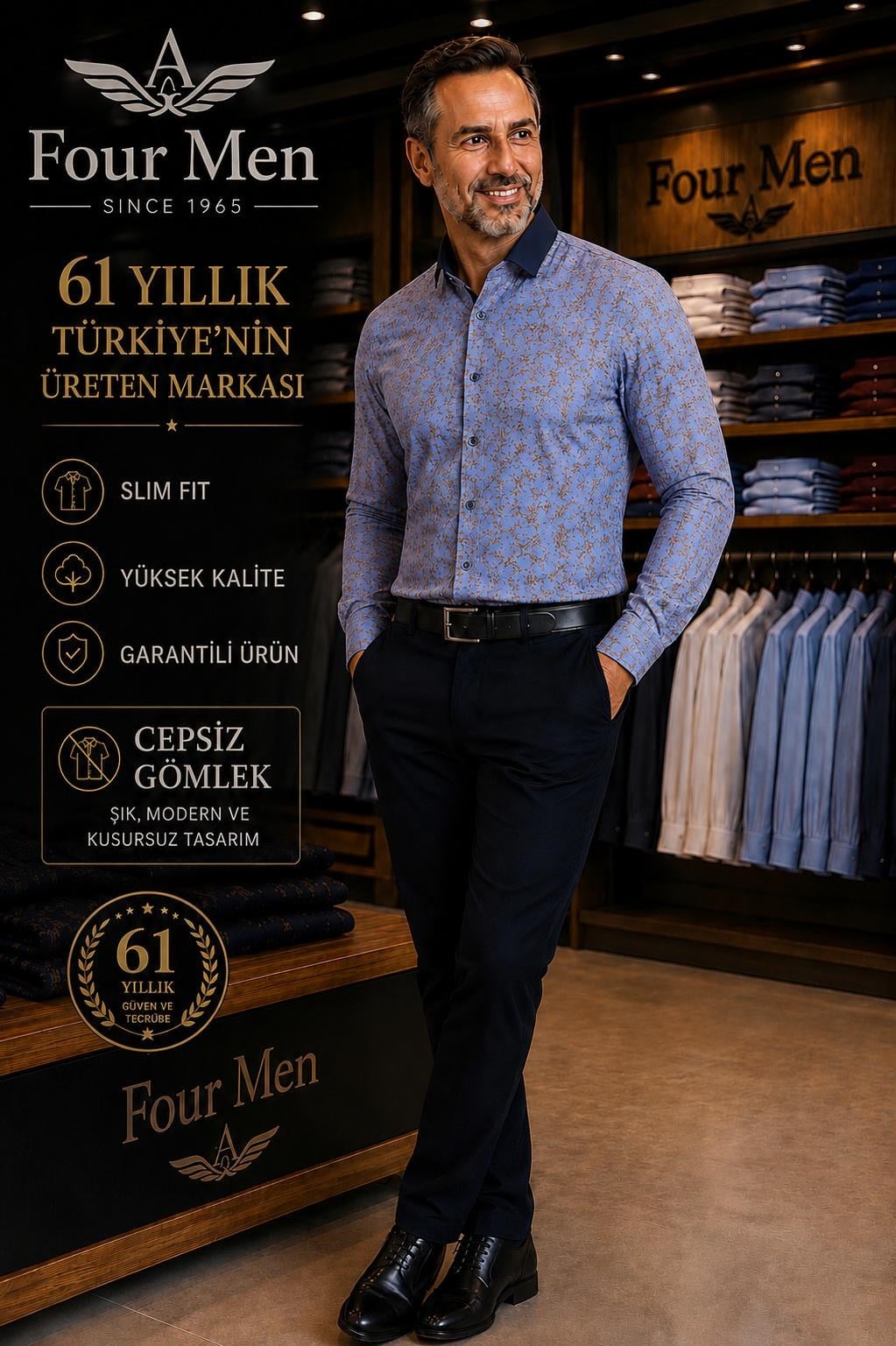 Orjinal Baskılı Pamuklu Poplin Slim Fit Kalıp Uzun Kollu Cepsiz Erkek Gömlek 