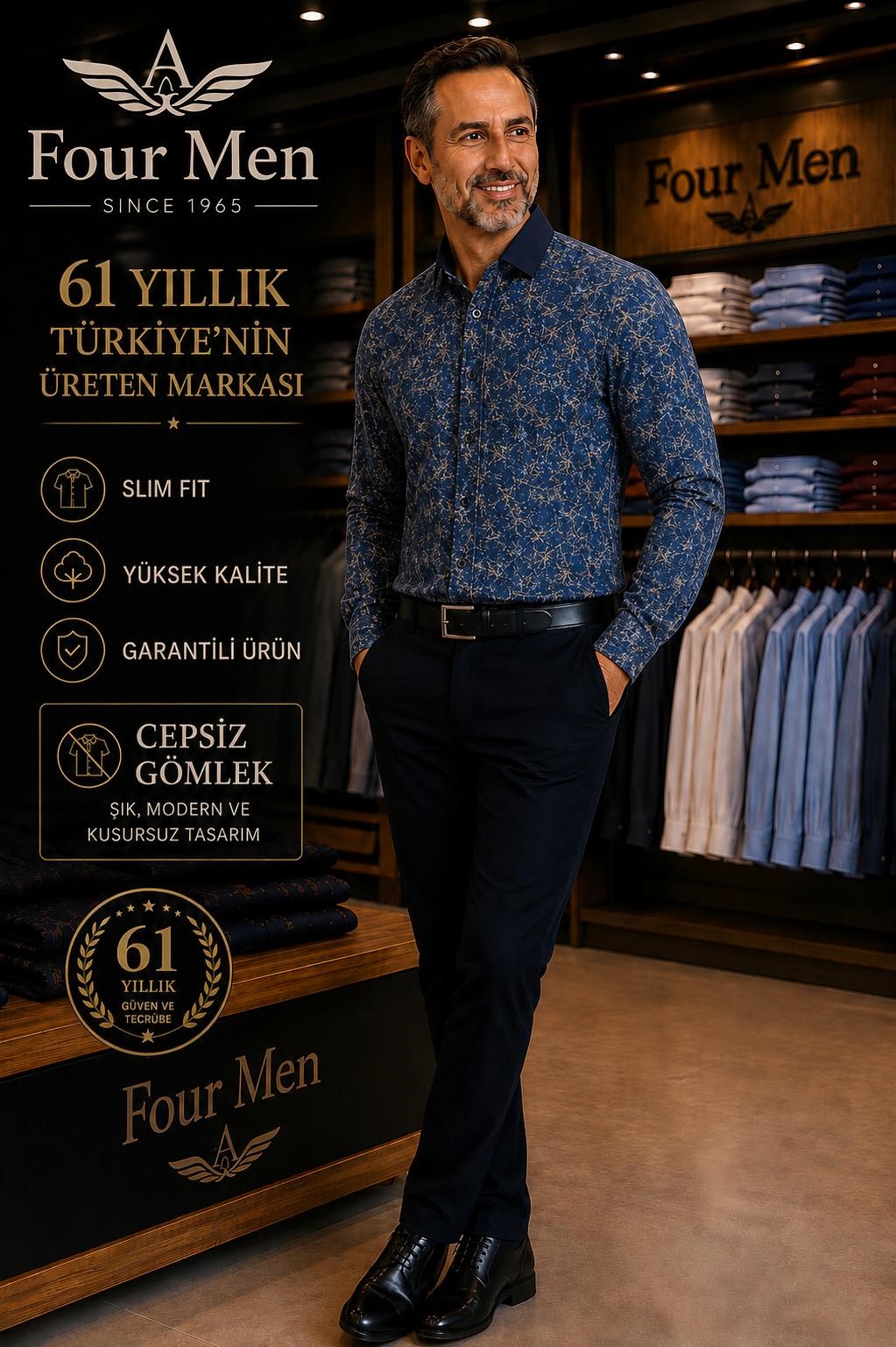 Orjinal Baskılı Pamuklu Poplin Slim Fit Kalıp Uzun Kollu Cepsiz Erkek Gömlek 