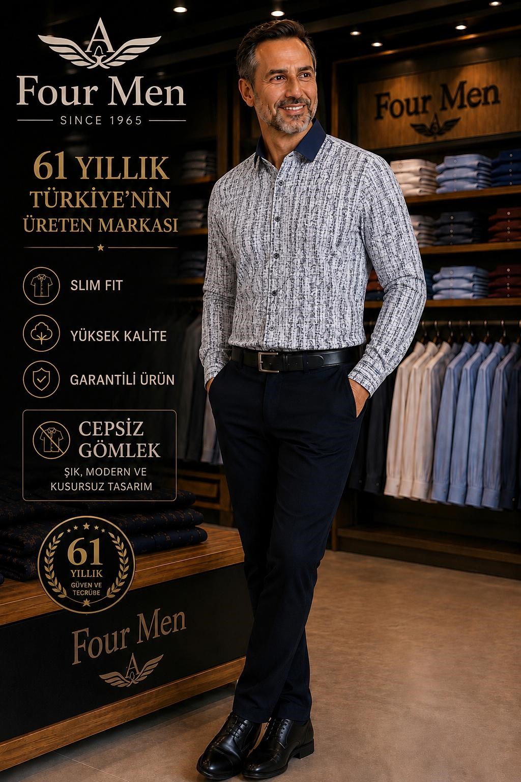 Orjinal Baskılı Pamuklu Slim Fit Kalıp Uzun Kollu Cepsiz Erkek Gömlek 