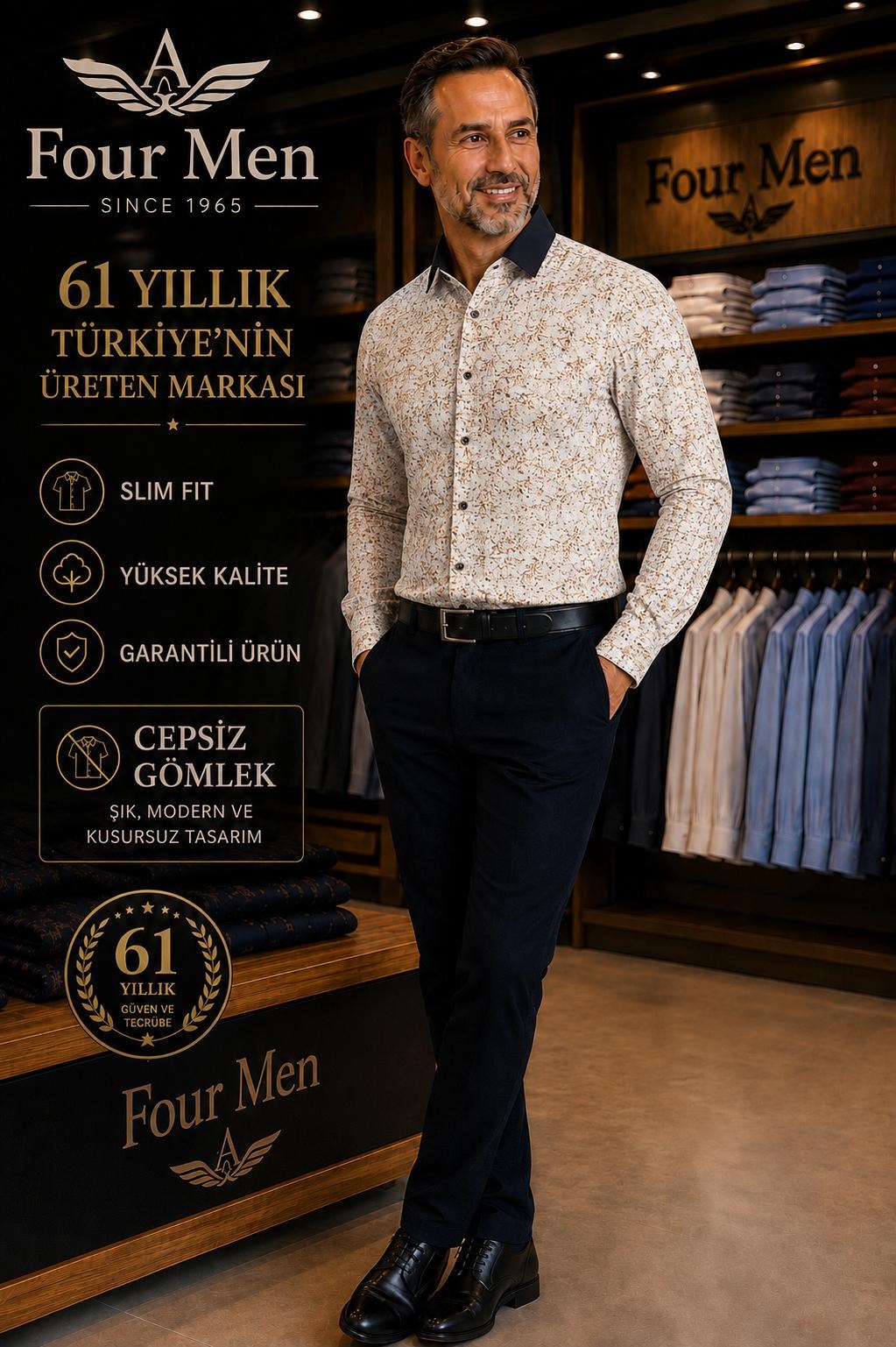 Orjinal Baskılı Pamuklu Slim Fit Kalıp Uzun Kollu Cepsiz Erkek Gömlek 
