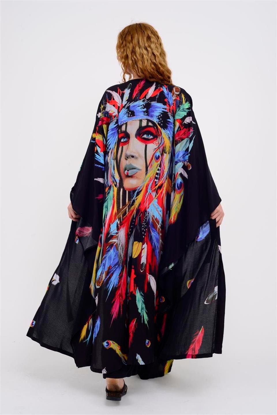 ÖZEL TASARIM BEYAZ ASTEK BASKILI BOHO KİMONO - KAFTAN