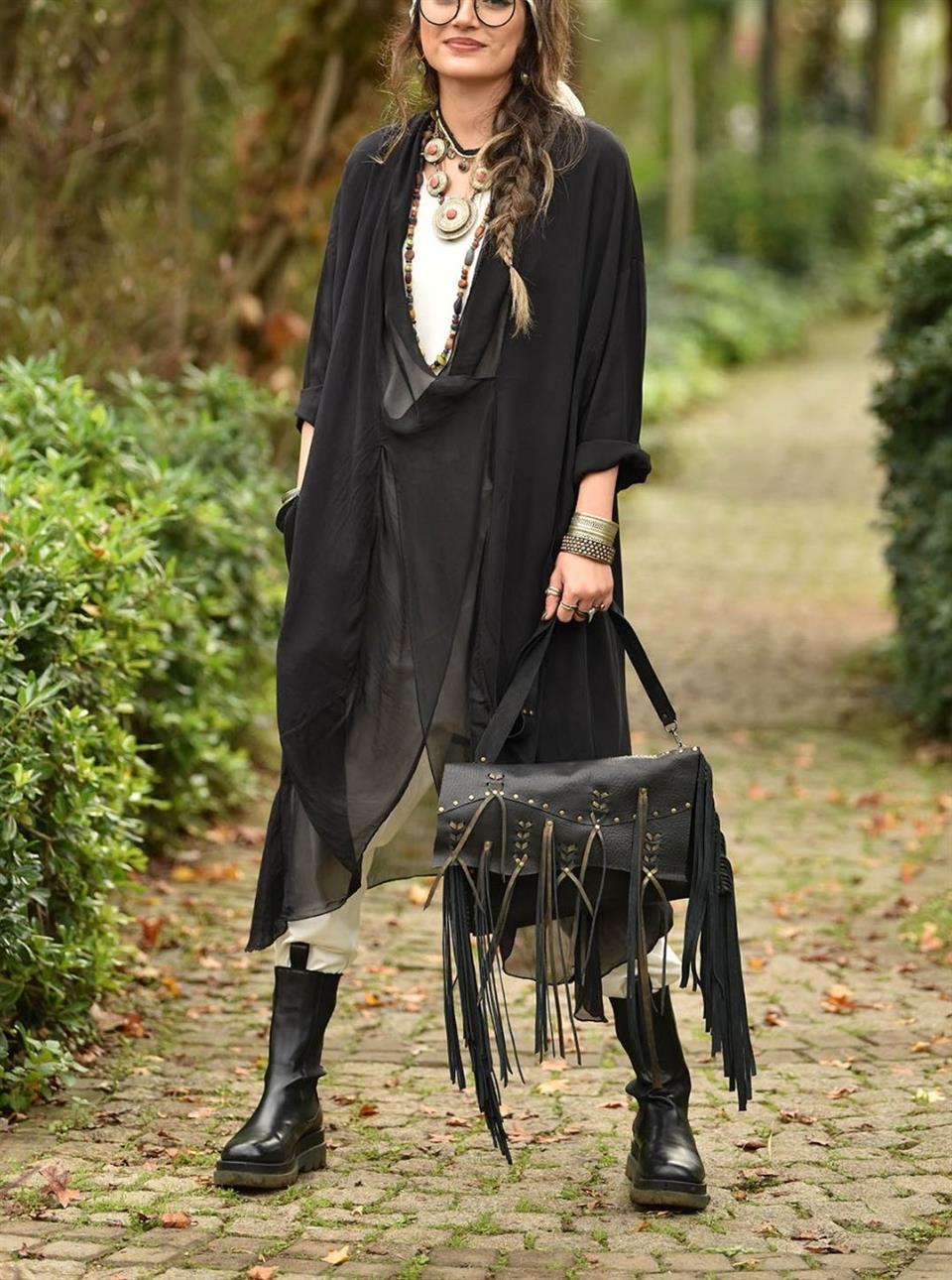 Vizon Italyan Ipek Detaylı Oversize Kaftan & Bluz