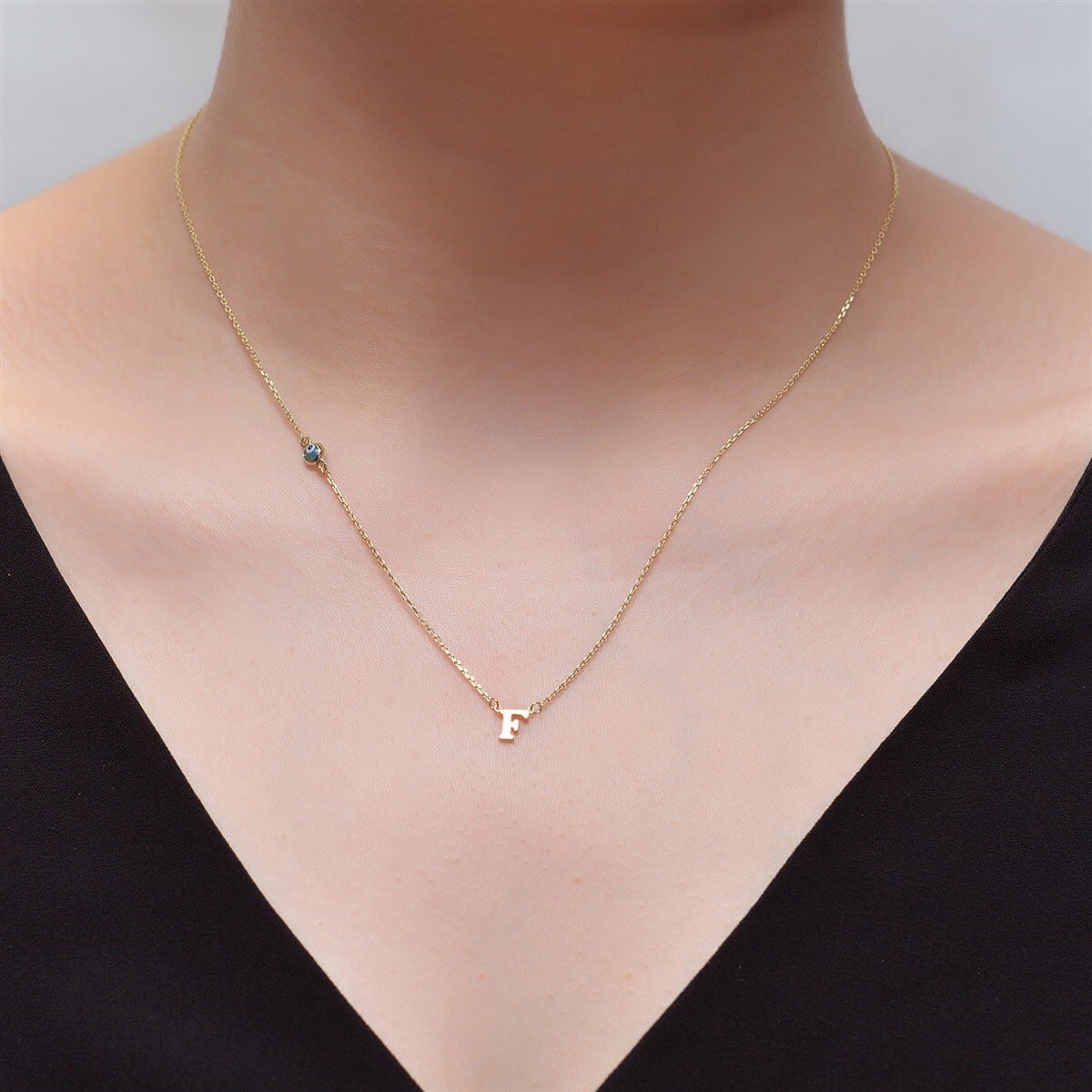 F Harfli Nazar Boncuklu Altın Kolye
