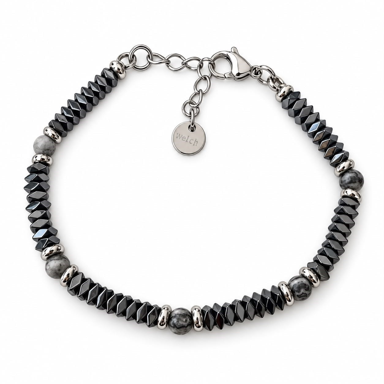 Welch Agate Hematite Black Çelik Doğal Taş Bileklik Siyah Hematit ve Agat Doğal Taş Erkek Bileklik ve Çelik Deri Bileklik Modelleri - WELCH 