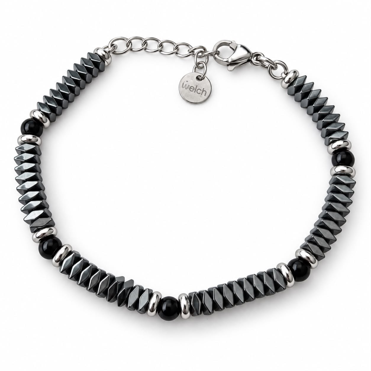 Welch Agate Hematite Black Çelik Doğal Taş Bileklik Siyah Hematit ve Agat Doğal Taş Erkek Bileklik ve Çelik Deri Bileklik Modelleri - WELCH 