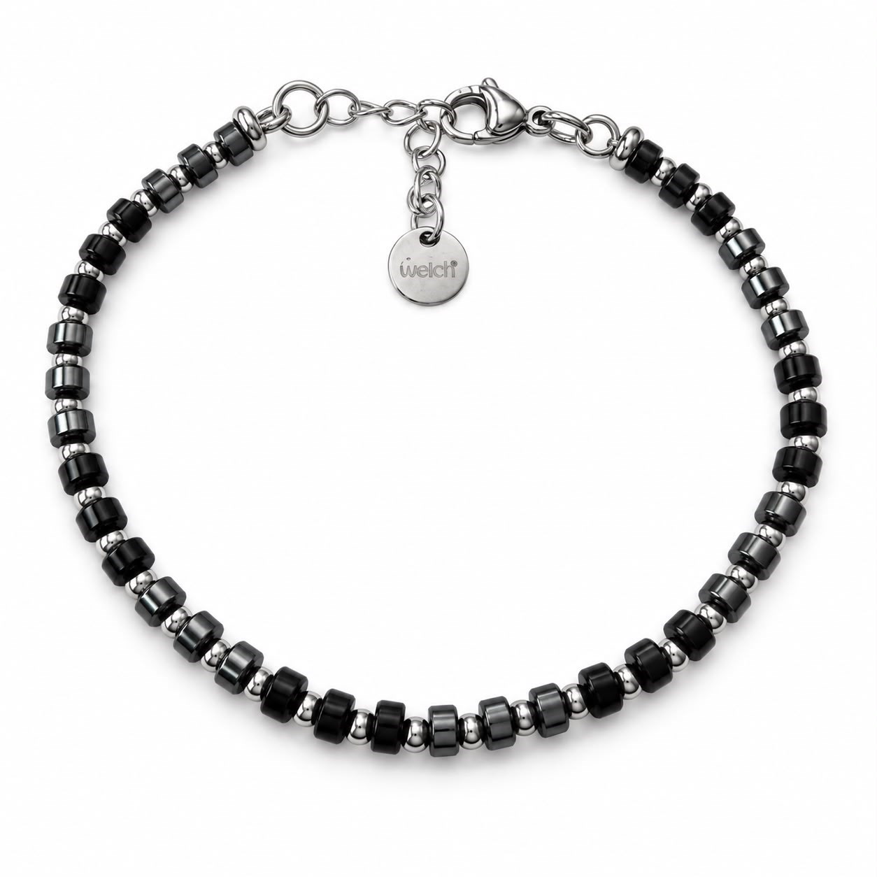 Welch Agate Hematite Black Çelik Doğal Taş Bileklik Siyah Hematit ve Agat Doğal Taş Erkek Bileklik ve Çelik Deri Bileklik Modelleri - WELCH 