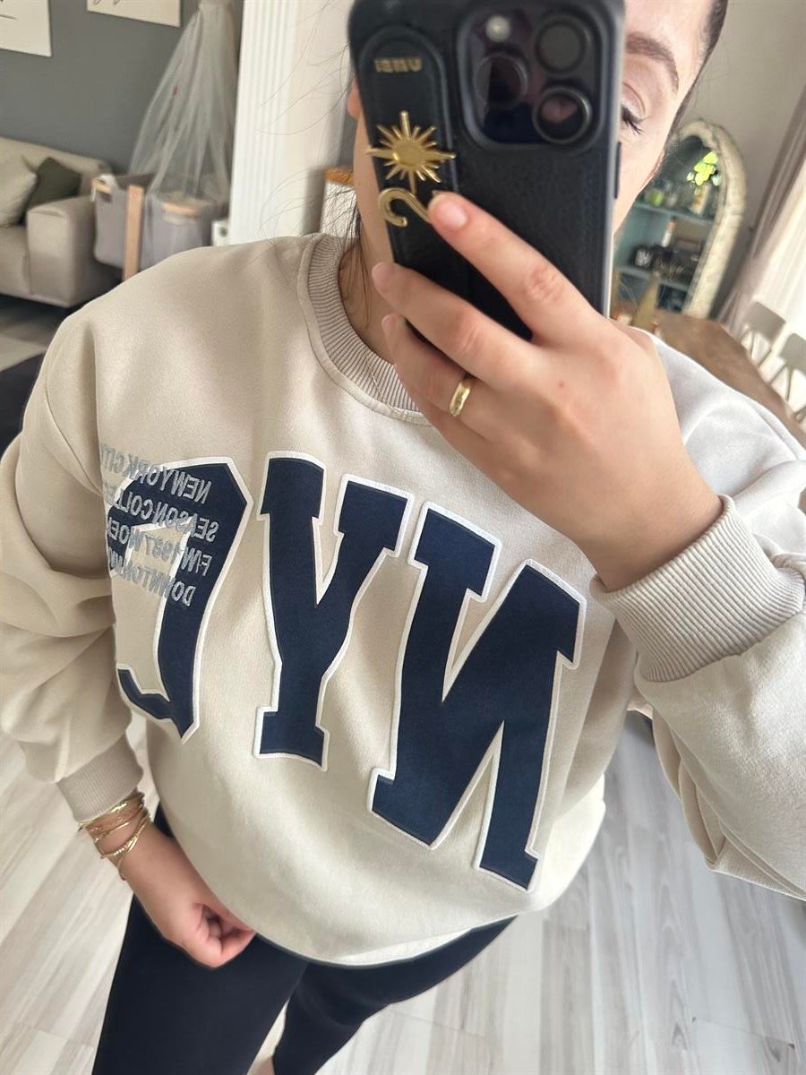 Baskılı Bej Sweatshirt | StrawberryWear