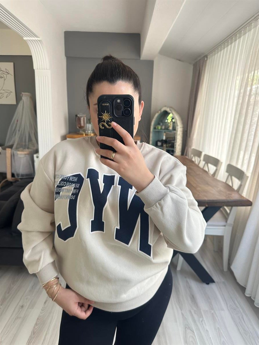 Baskılı Bej Sweatshirt | StrawberryWear