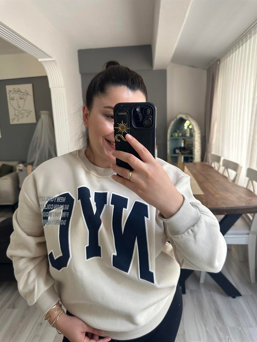 Baskılı Bej Sweatshirt | StrawberryWear