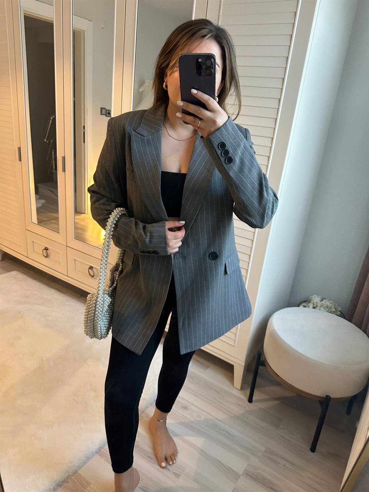 Çizgili Gri Blazer Ceket | StrawberryWear
