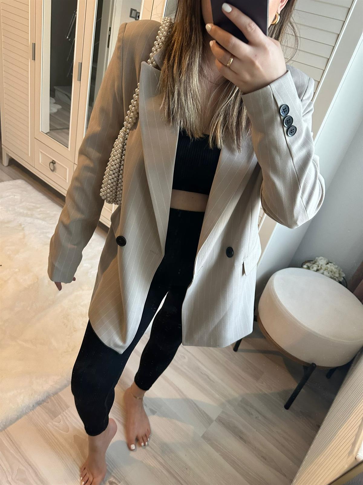 Çizgili Krem Blazer Ceket | StrawberryWear
