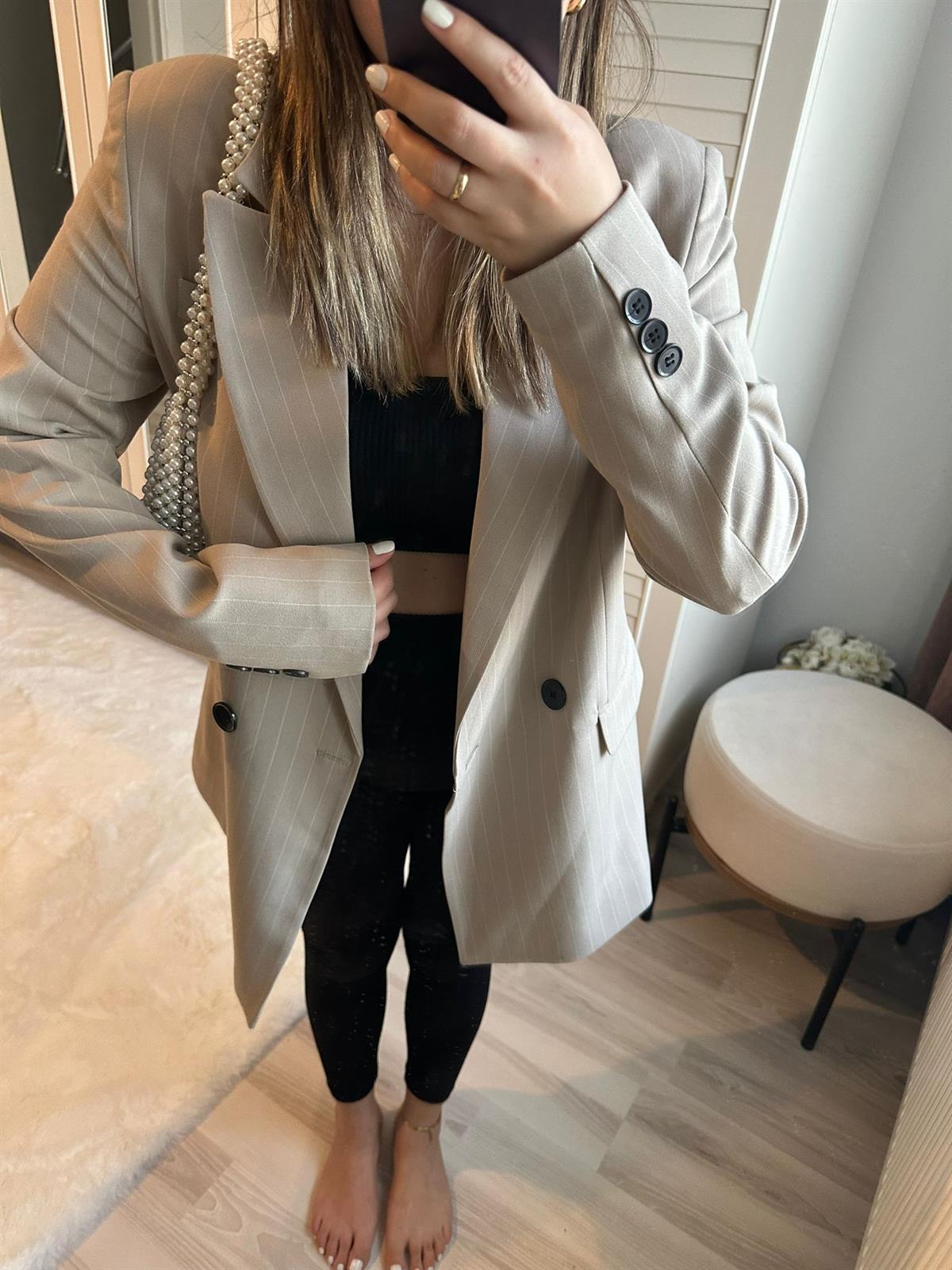 Çizgili Krem Blazer Ceket | StrawberryWear
