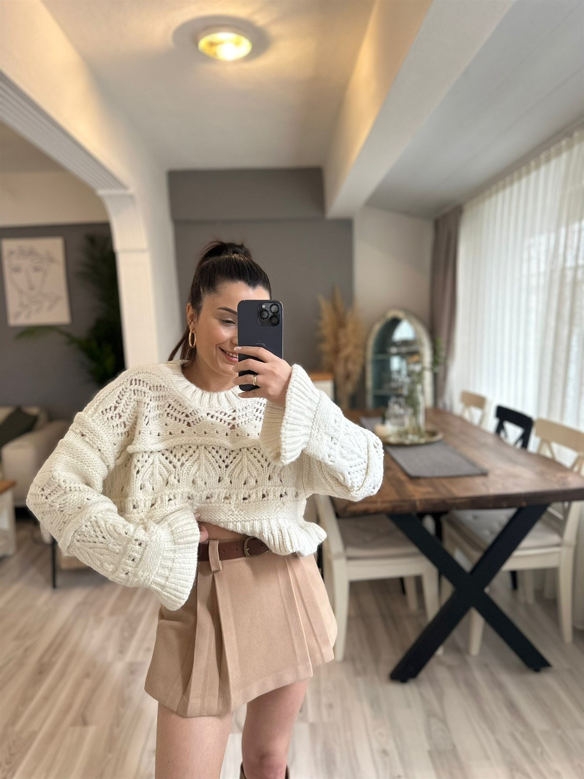 Duple Mini Kemerli Camel Şort Etek  | StrawberryWear