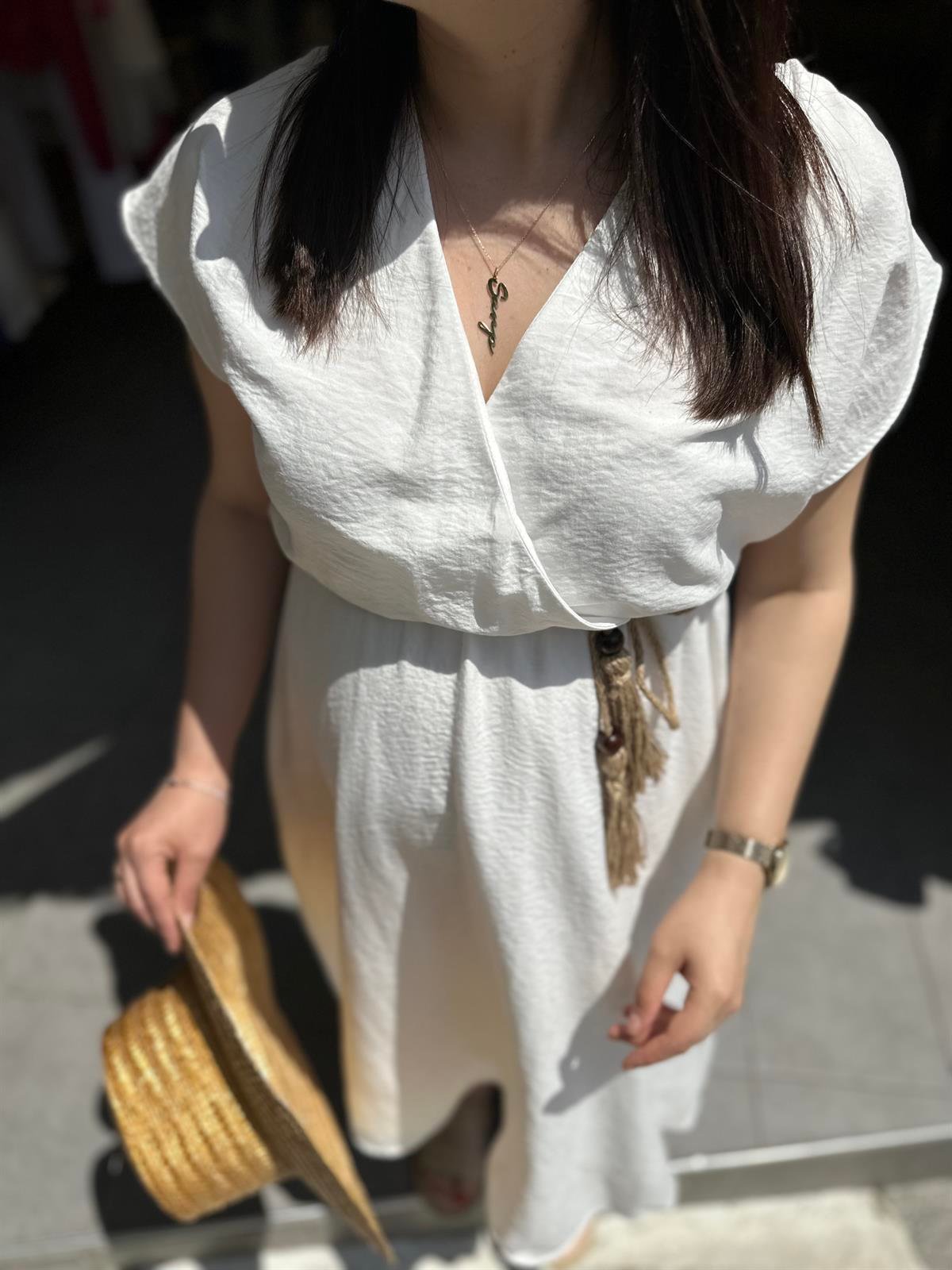 Ekru Belden Bağlamalı Elbise | StrawberryWear