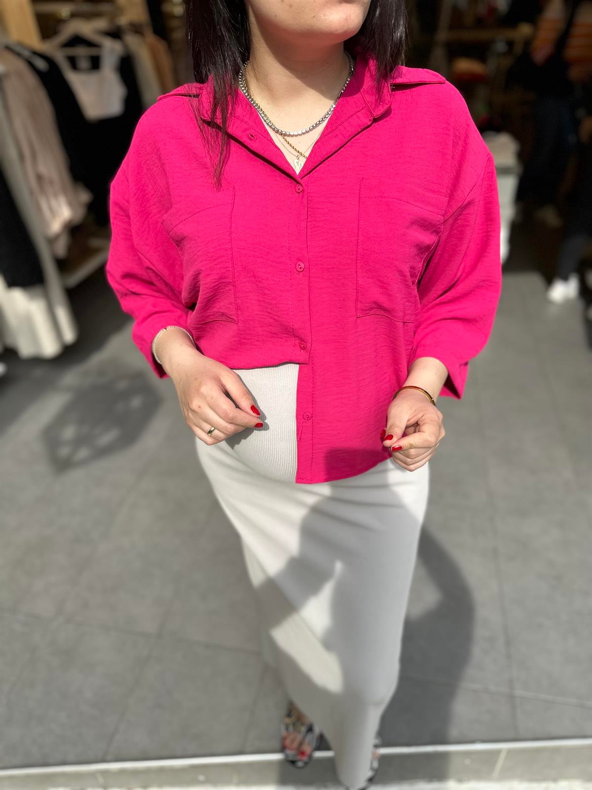 Fuşya Düşük Kol Gömlek | StrawberryWear