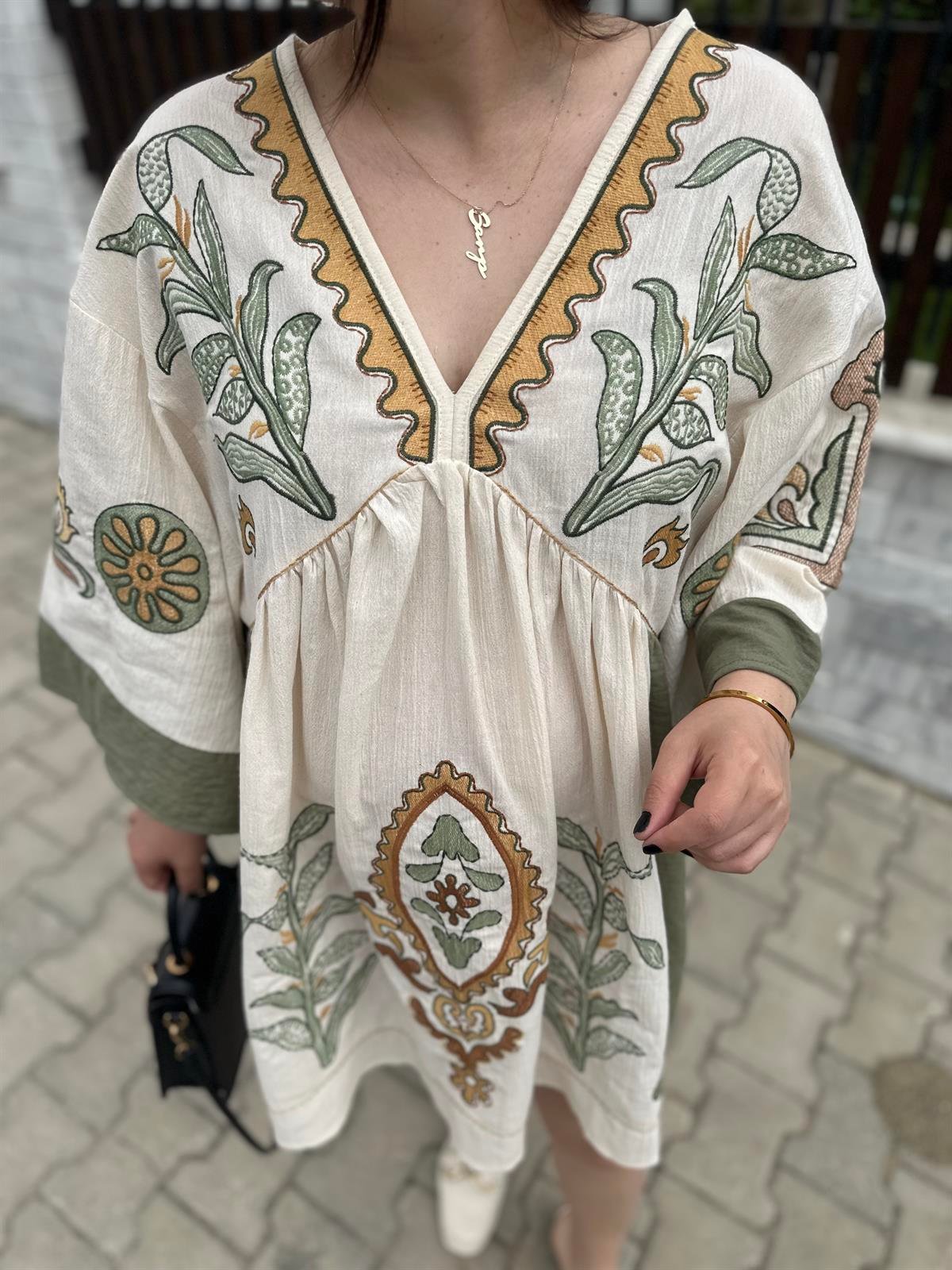 Keten Nakış İşlemeli Elbise  | StrawberryWear