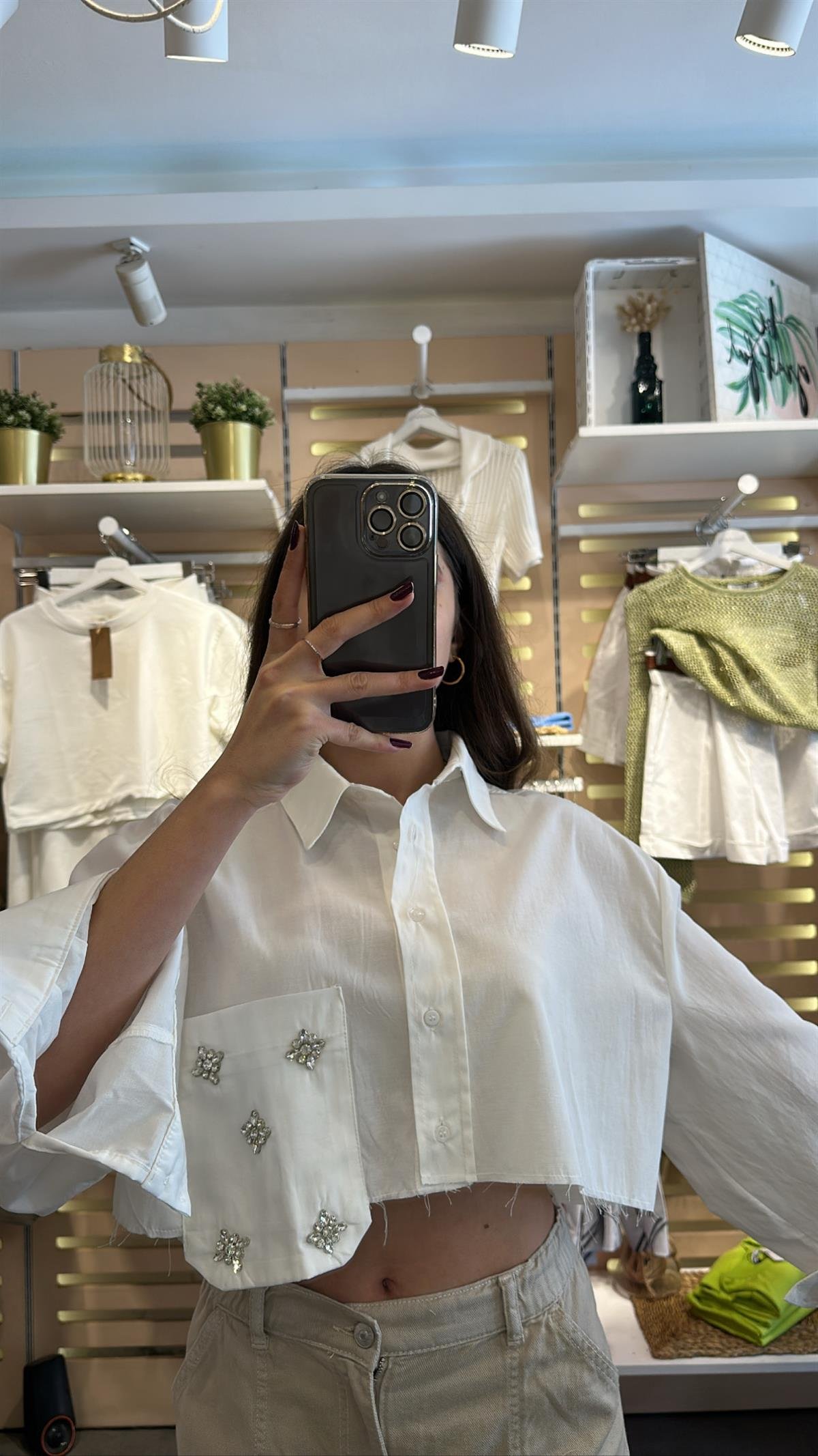 Taş Detaylı Oversize Crop Gömlek | StrawberryWear