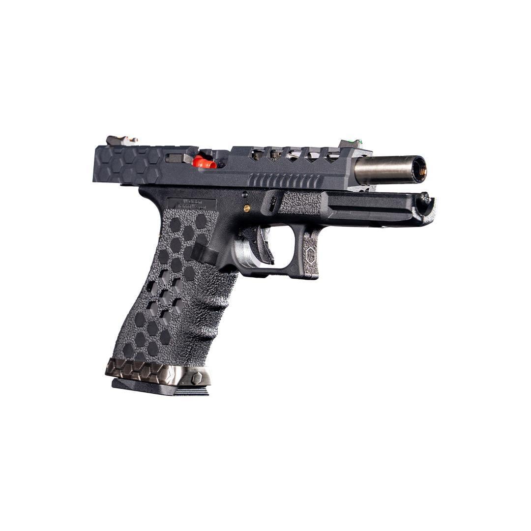 AW Custom Glock 17 HEX-CUT Siyah + Green Gas + 0.20gr BB + Taşıma Çantası + Balistik Gözlük