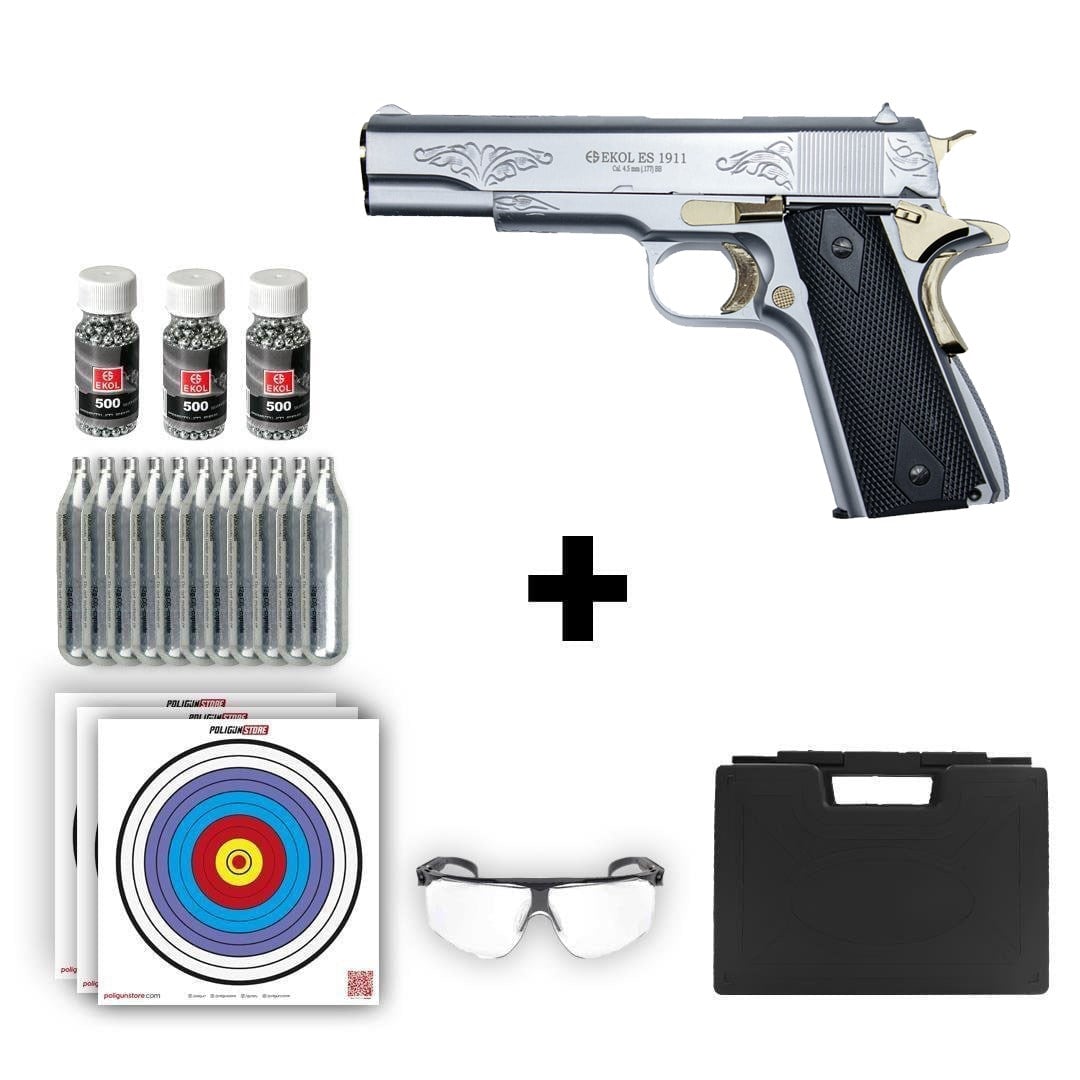 Ekol ES 1911 Havalı Tabanca - Beyaz Altın İşlemeli + 10 Adet Co2 + 3 Adet 4.5mm BB + Taşıma Çantası + Balistik Gözlük