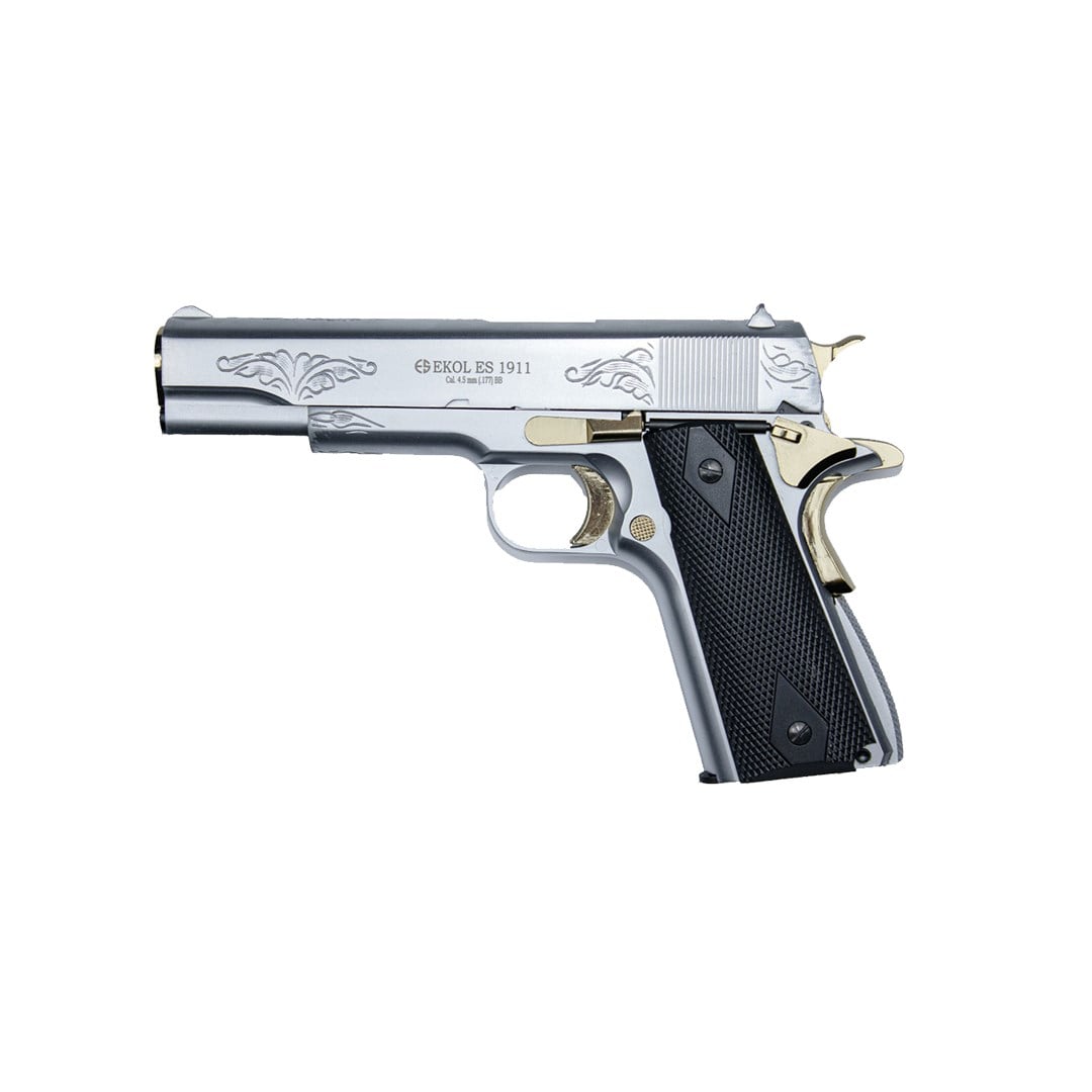 Ekol ES 1911 Havalı Tabanca - Beyaz Altın İşlemeli + 10 Adet Co2 + 3 Adet 4.5mm BB + Taşıma Çantası + Balistik Gözlük