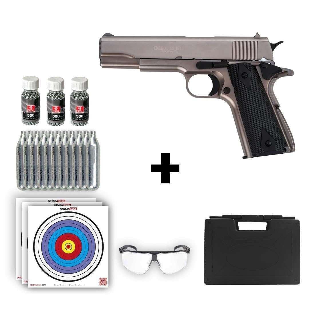 Ekol ES 1911 Havalı Tabanca - Füme + 10 Adet Co2 + 3 Adet 4.5mm BB + Taşıma Çantası + Balistik Gözlük
