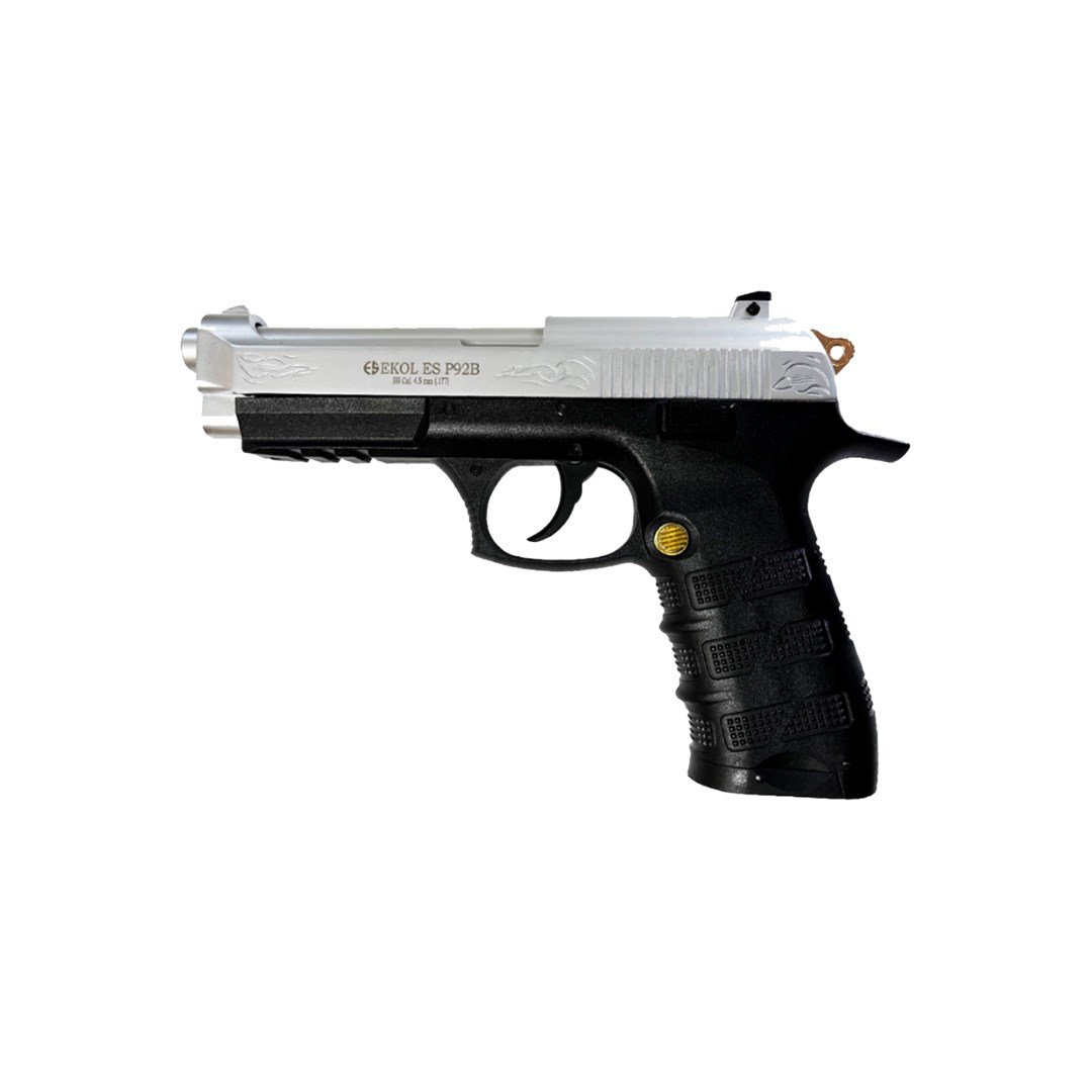 Ekol ES P92B Blowback Havalı Tabanca - Beyaz Altın İşlemeli + 10 Adet Co2 + 3 Adet 4.5mm BB + Taşıma Çantası + Balistik Gözlük