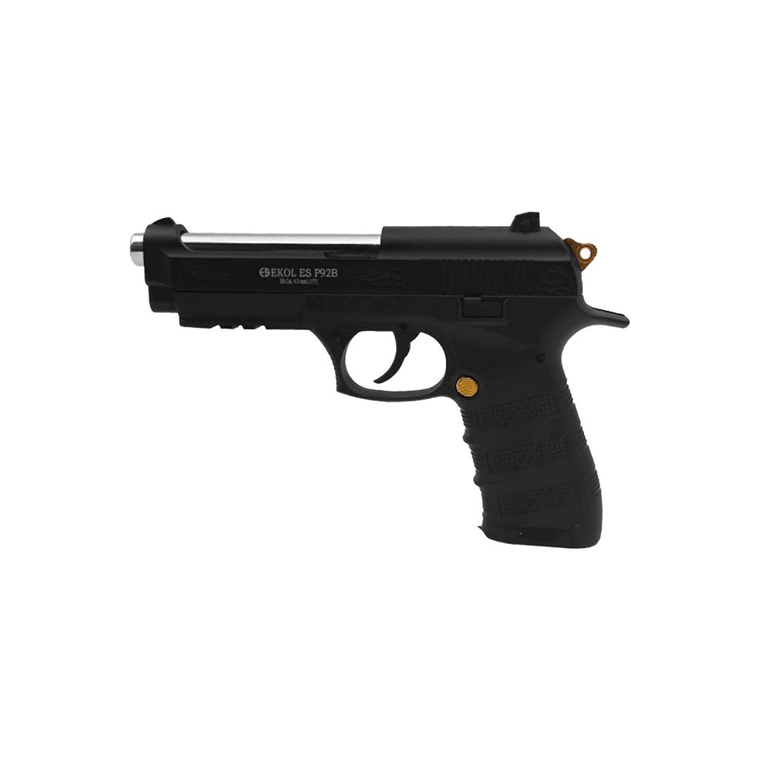 Ekol ES P92B Blowback Havalı Tabanca - Siyah Altın İşlemeli + 10 Adet Co2 + 3 Adet 4.5mm BB + Taşıma Çantası + Balistik Gözlük
