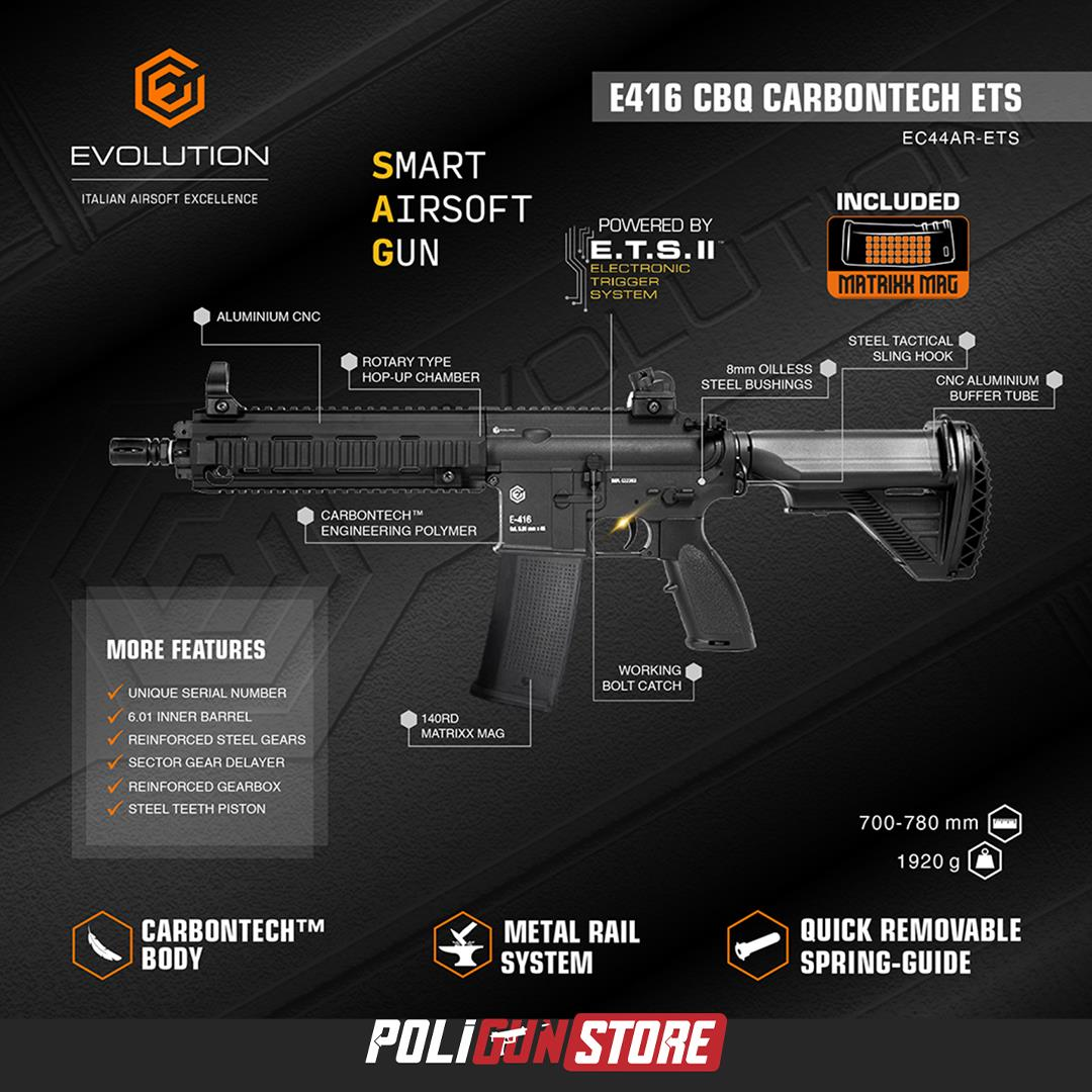 Evolution E-416 CQB Carbontech ETS Airsoft Tüfeği + 7.4v LiPo Pil