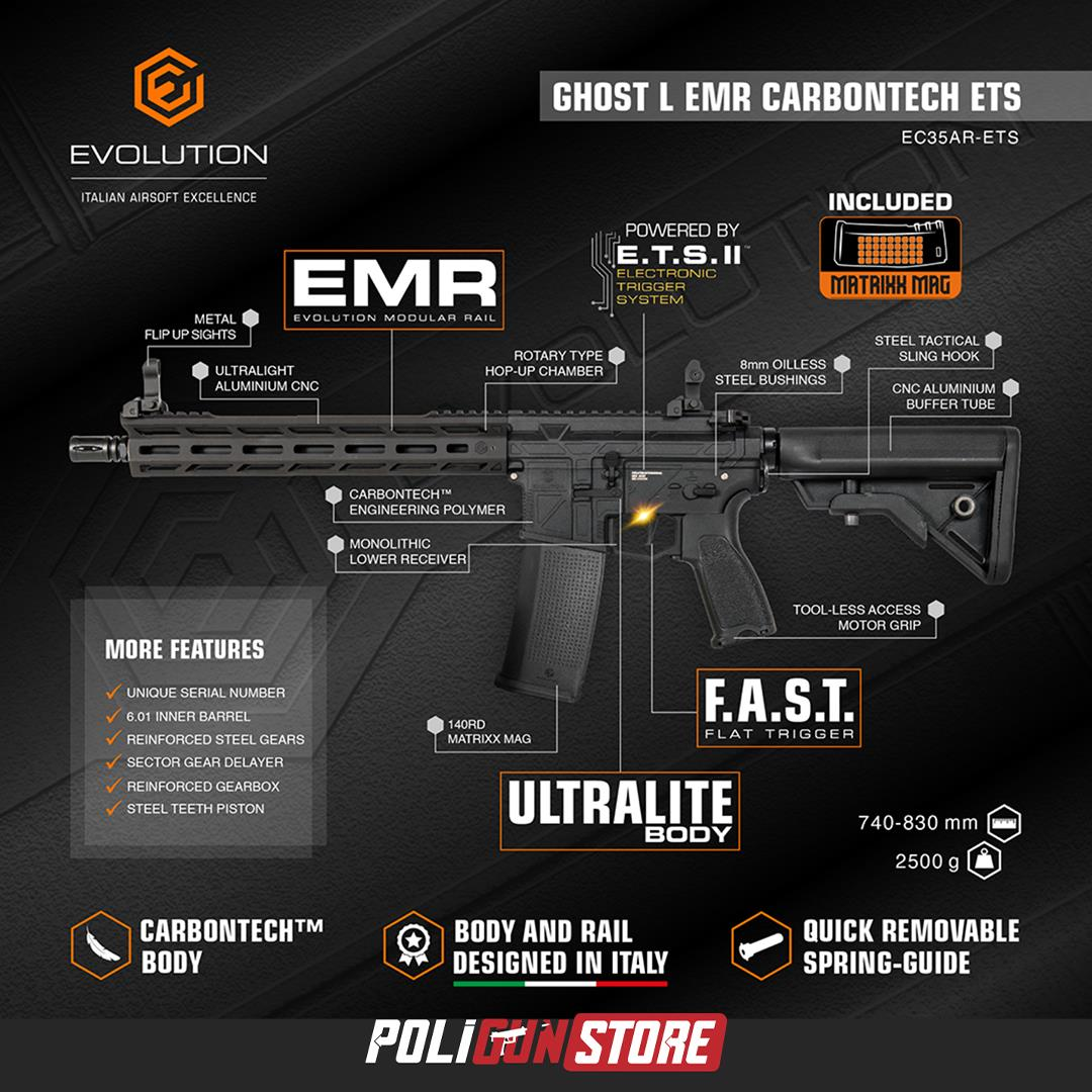 Evolution Ghost L EMR Carbontech ETS Airsoft Tüfeği + 7.4v LiPo Pil